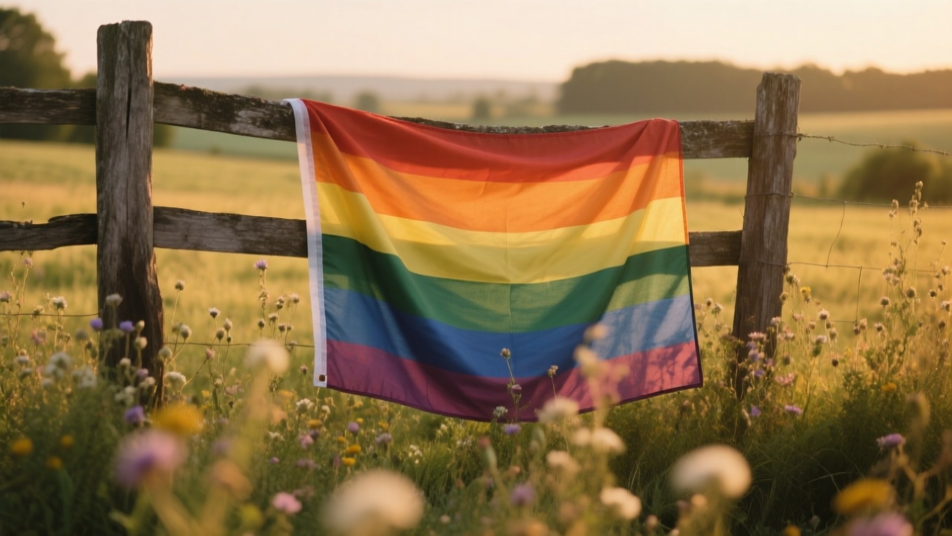 Flag in Countryside Field 壁紙 — 一面彩虹旗在金色時光的陽光下，輕輕掛在野花盛開的田野中一個風化的木柵欄上。