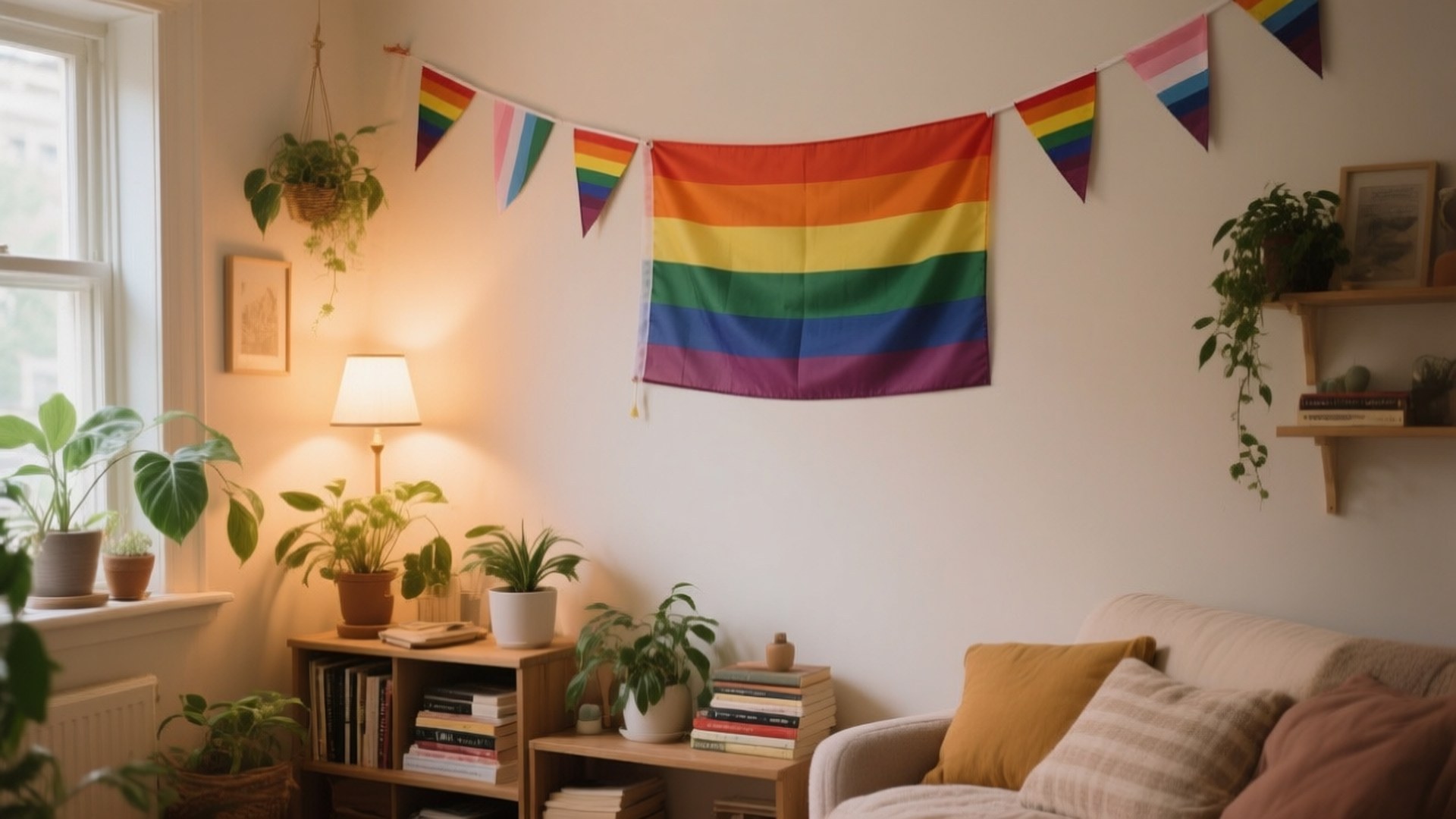 Cozy Room with Flag Bunting 壁紙 — 舒適的客廳，白色牆上掛著彩虹旗和彩帶，周圍有盆栽植物和溫暖的燈光。