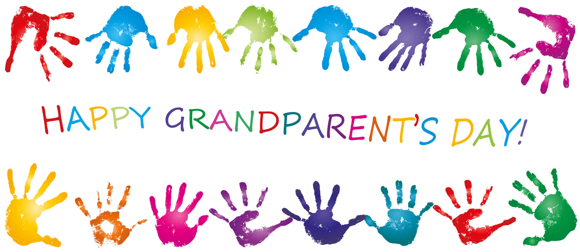  壁紙 — 彩虹色調的彩色手印圍繞著白色背景上歡快的「Happy Grandparent's Day!」訊息。