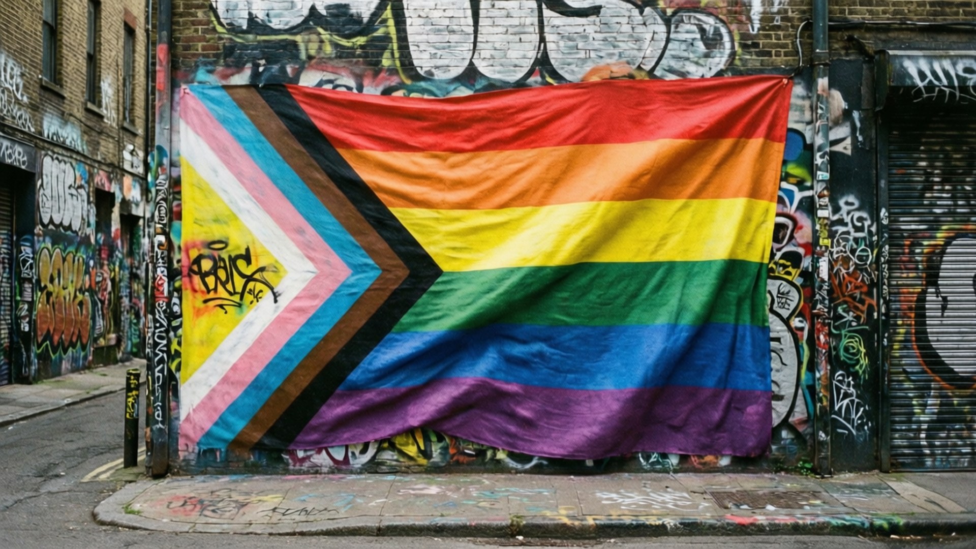 Pride Mural Alley 壁紙 — 一面帶有V形圖案的大型彩虹驕傲旗幟，在都市小巷中緊繃地掛在塗鴉覆蓋的磚牆上。
