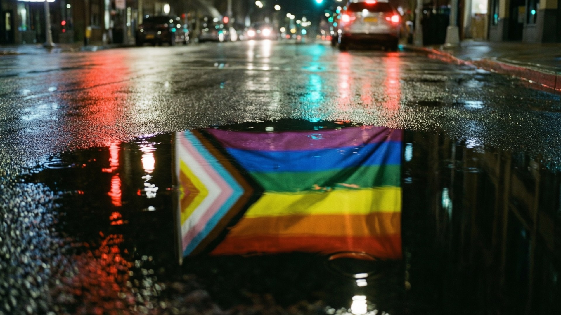 Rainy Night Pride Reflection 壁紙 — 彩虹驕傲旗幟在夜間濕漉漉的城市街道上的雨水坑中反射，帶有模糊的車燈。