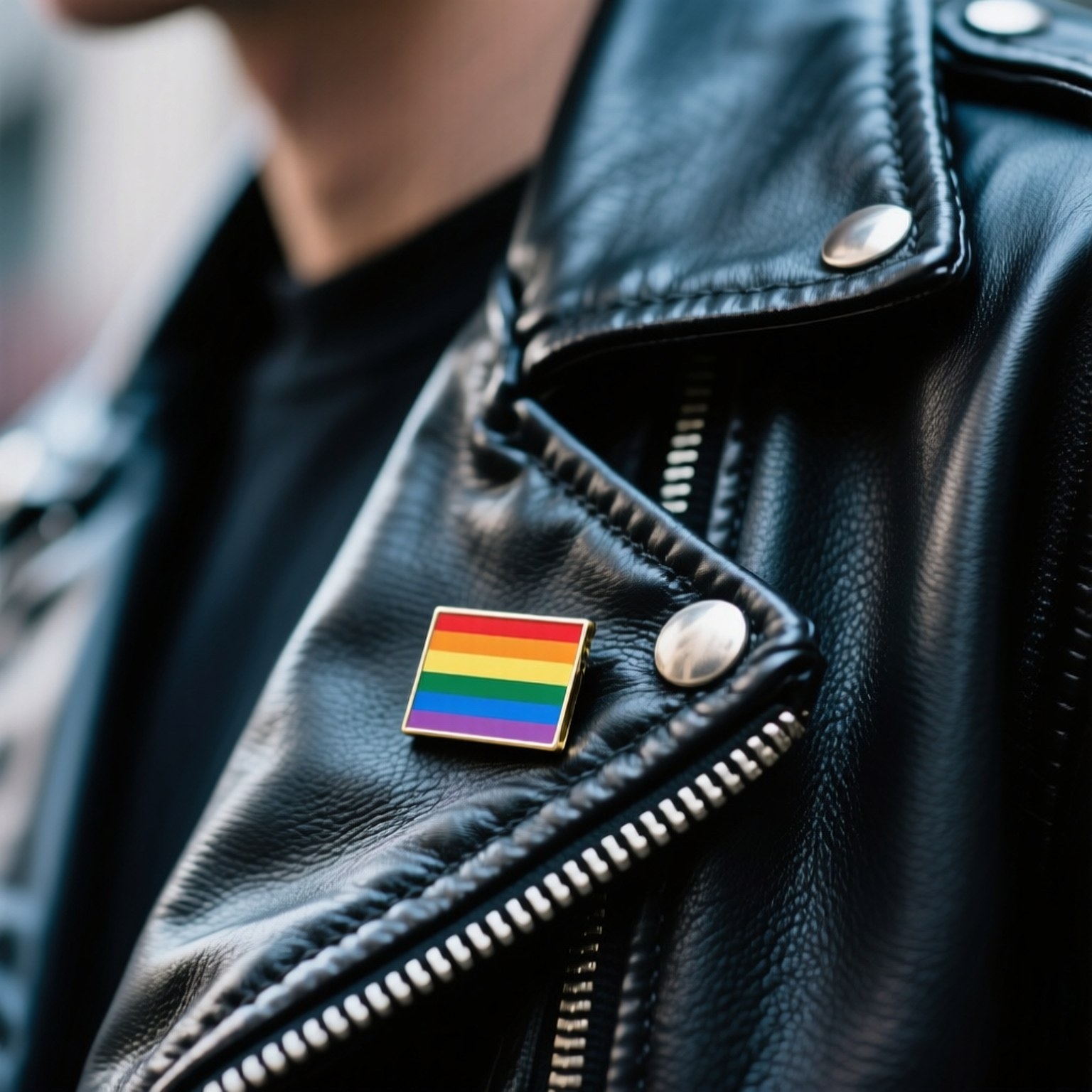 Flag Pin on Jacket 壁紙 — 一枚充滿活力的彩虹驕傲別針在質感黑色皮夾克拉鏈上閃爍。