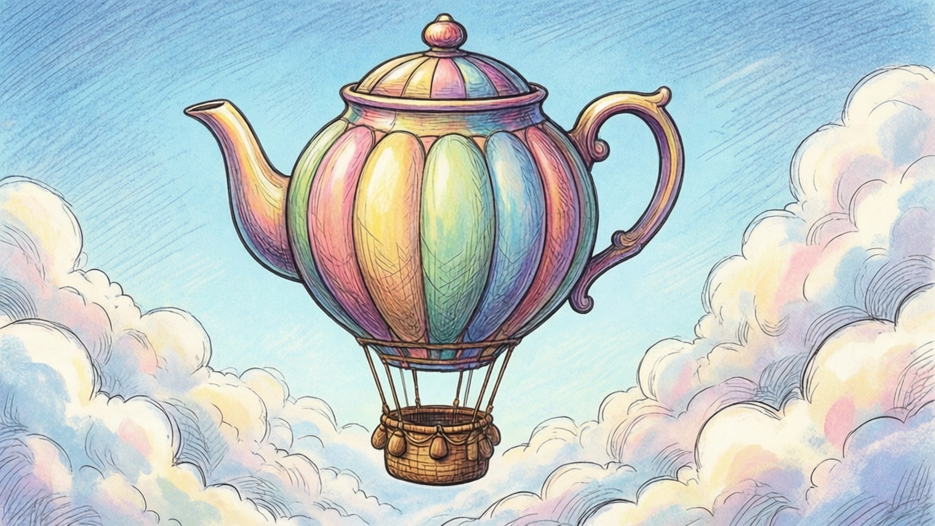 Teapot Balloon Doodle 壁紙 — 一個彩虹色的茶壺形熱氣球在柔和的藍天下，安詳地漂浮在蓬鬆的雲層之上。