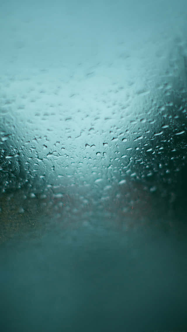  壁紙 — 雨滴依附在玻璃表面，將藍綠色的戶外景色模糊成一層柔和、充滿氛圍的薄霧。
