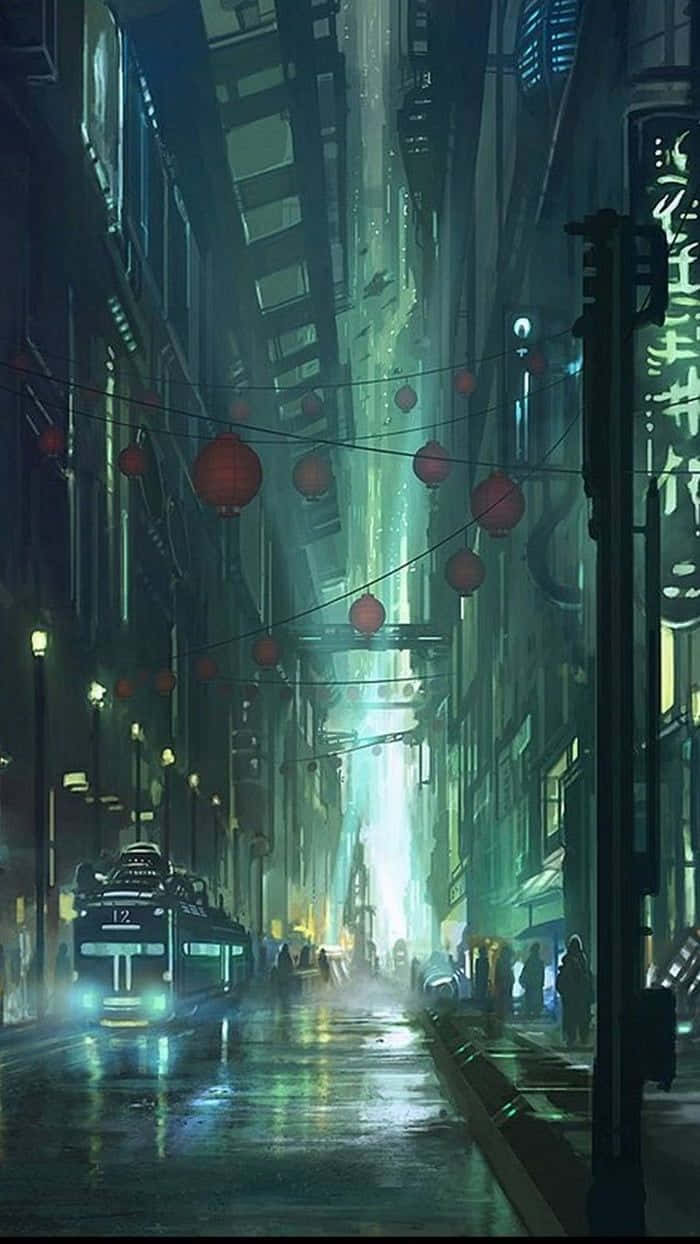  壁紙 — 雨夜霓虹燈下的賽博朋克街道，發光的燈籠和未來主義電車倒映在濕漉漉的路面上。