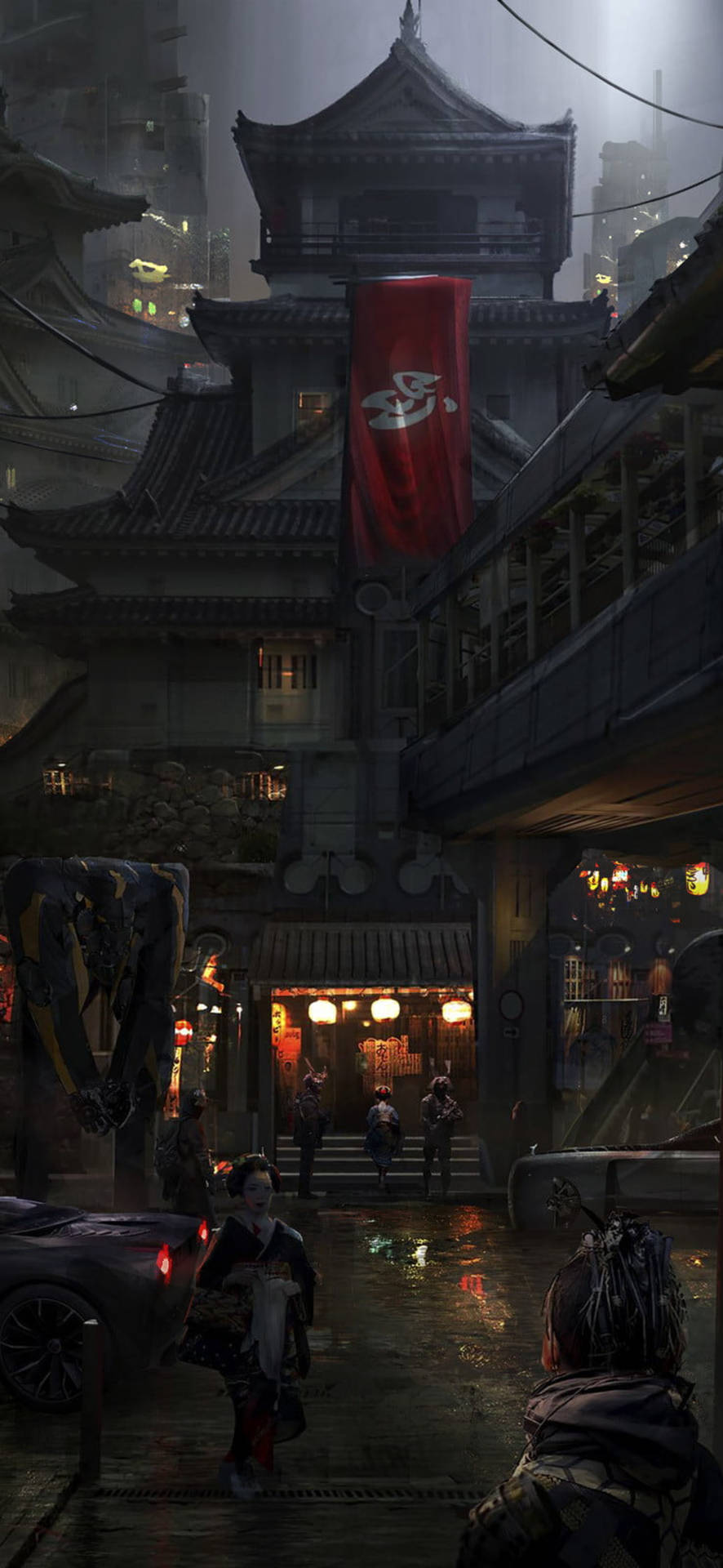 雨中的 cyberpunk 小巷，有發光的燈籠和傳統日本建築。 — 日式美學 iPhone 壁紙 壁紙