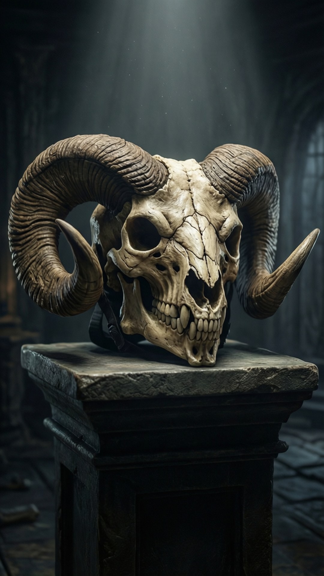 The Ram's Gaze 壁紙 — 一個帶有螺旋角的大公羊頭骨放置在昏暗哥德式大教堂的石基座上，光束穿透黑暗。