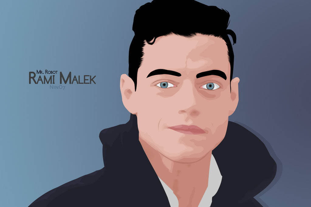 Rami Malek 桌布 壁紙 — Rami Malek 飾演 Mr Robot 的風格化數位肖像，背景為漸層藍色。