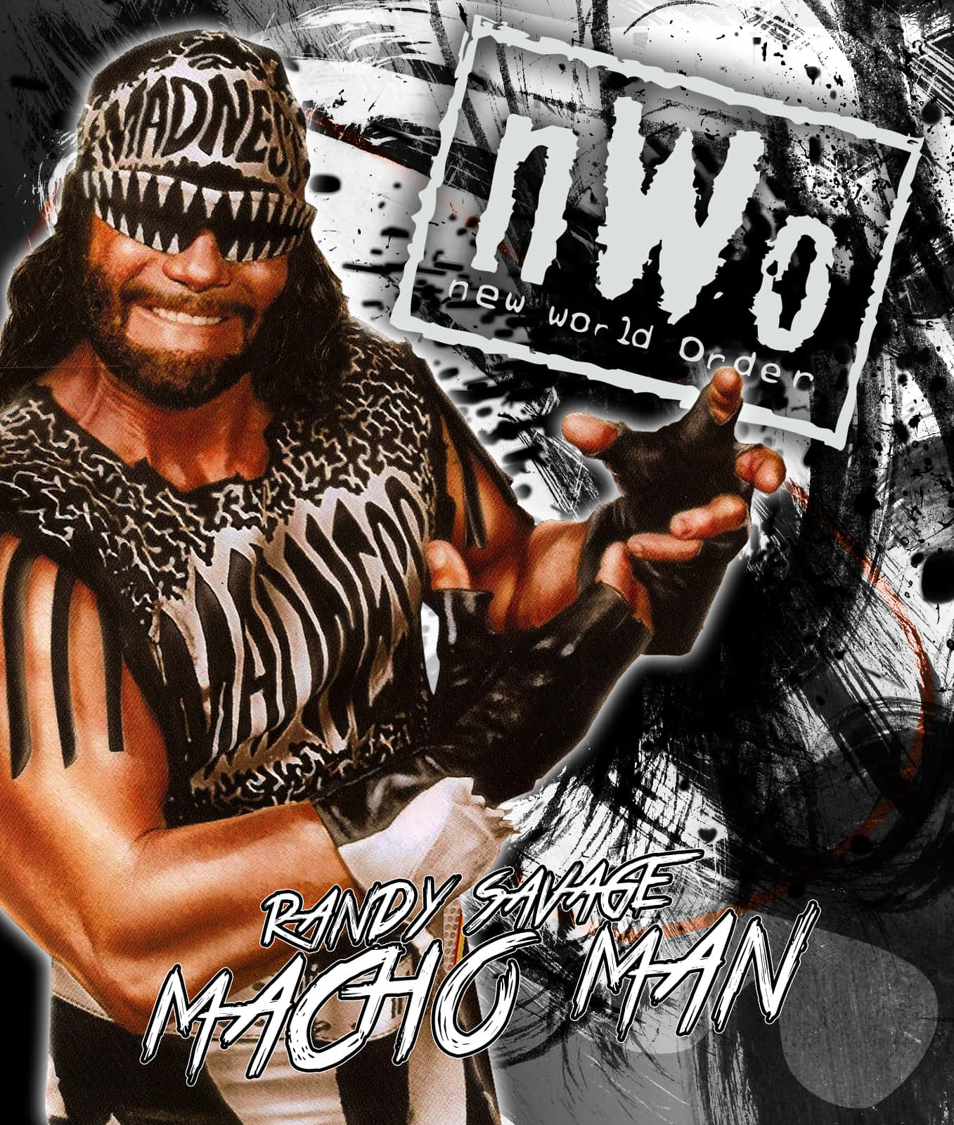 WWE 桌布 壁紙 — Randy Savage Macho Man 穿著他標誌性的NWO裝備，在混亂的黑白潑濺背景前露出兇猛的笑容擺姿勢。