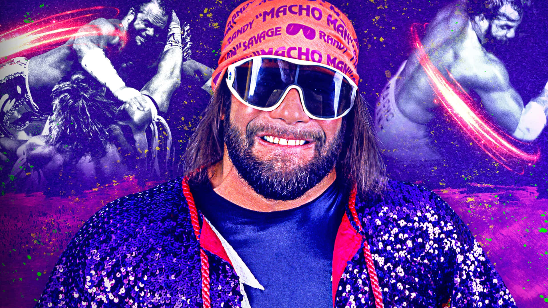 WWE 桌布 壁紙 — Randy Savage 穿著閃亮紫色外套和 'Macho Man' 帽子，在充滿摔角動作剪影的鮮豔紫色背景前咧嘴笑。
