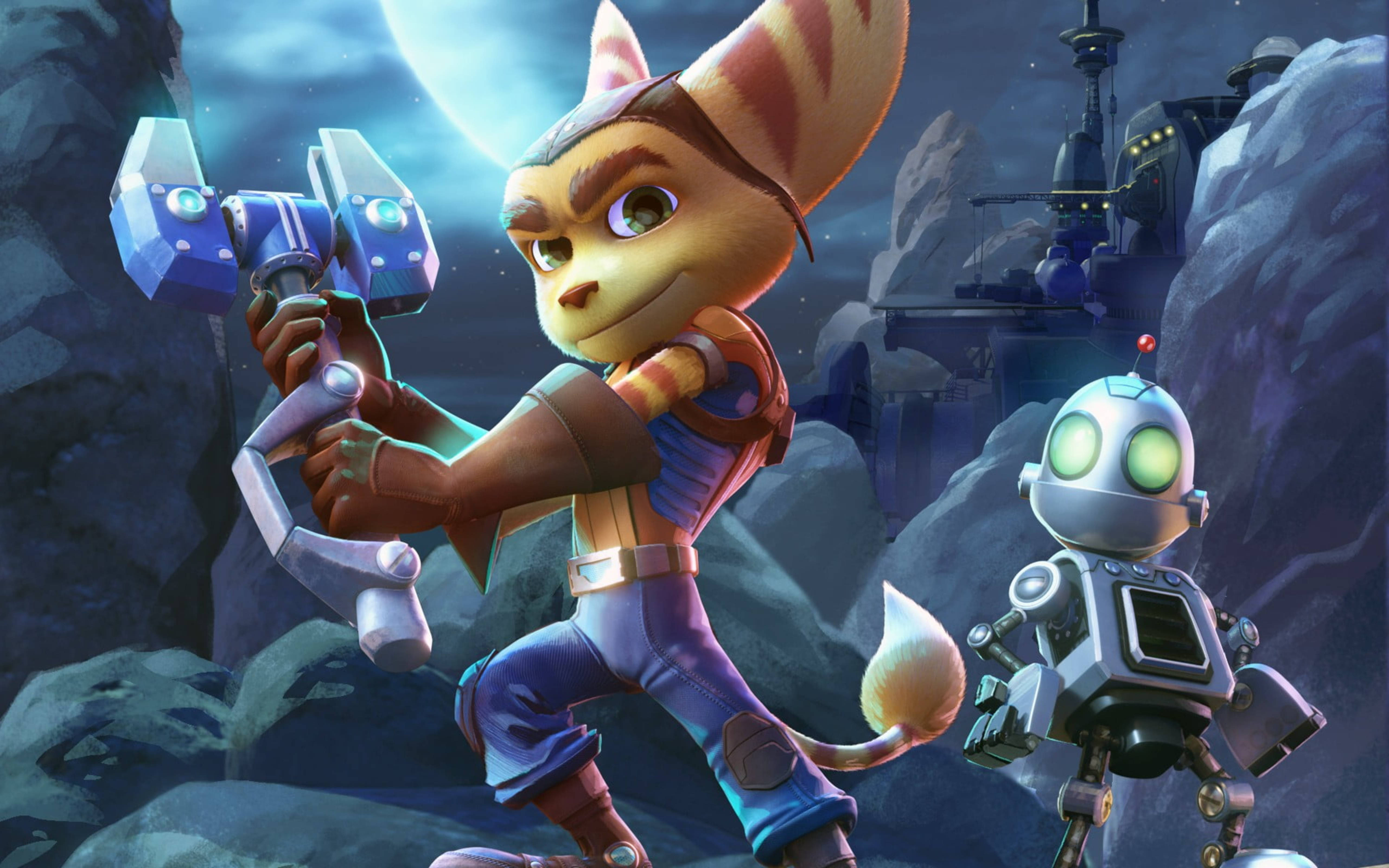 ratchet 桌布 壁紙 — Ratchet the Lombax 在岩石月光峽谷中揮舞扳手，身旁是機器人同伴Clank。