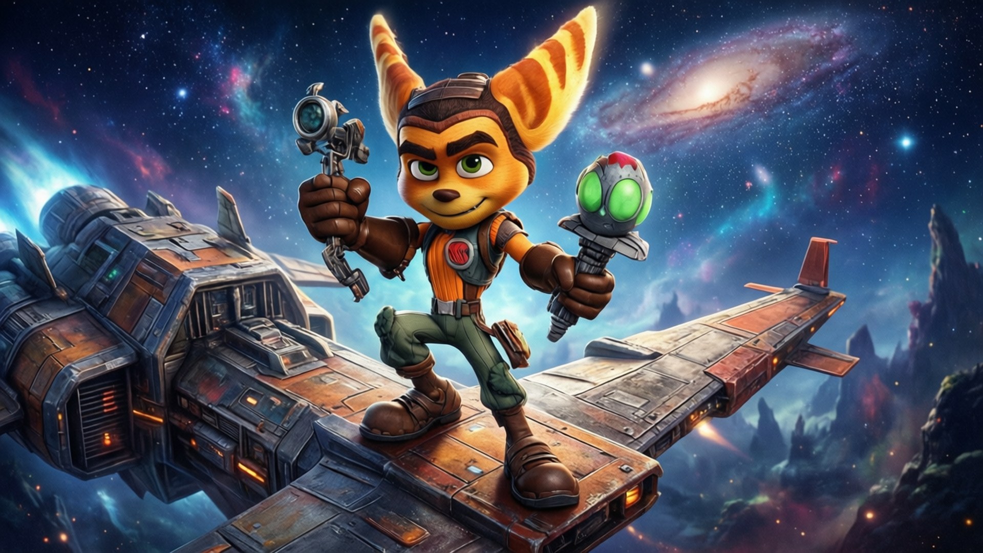 Universe Bound 壁紙 — Ratchet the Lombax 自信地站在太空船機翼上，背景是充滿活力的宇宙，有旋轉的星系和遙遠的星星。