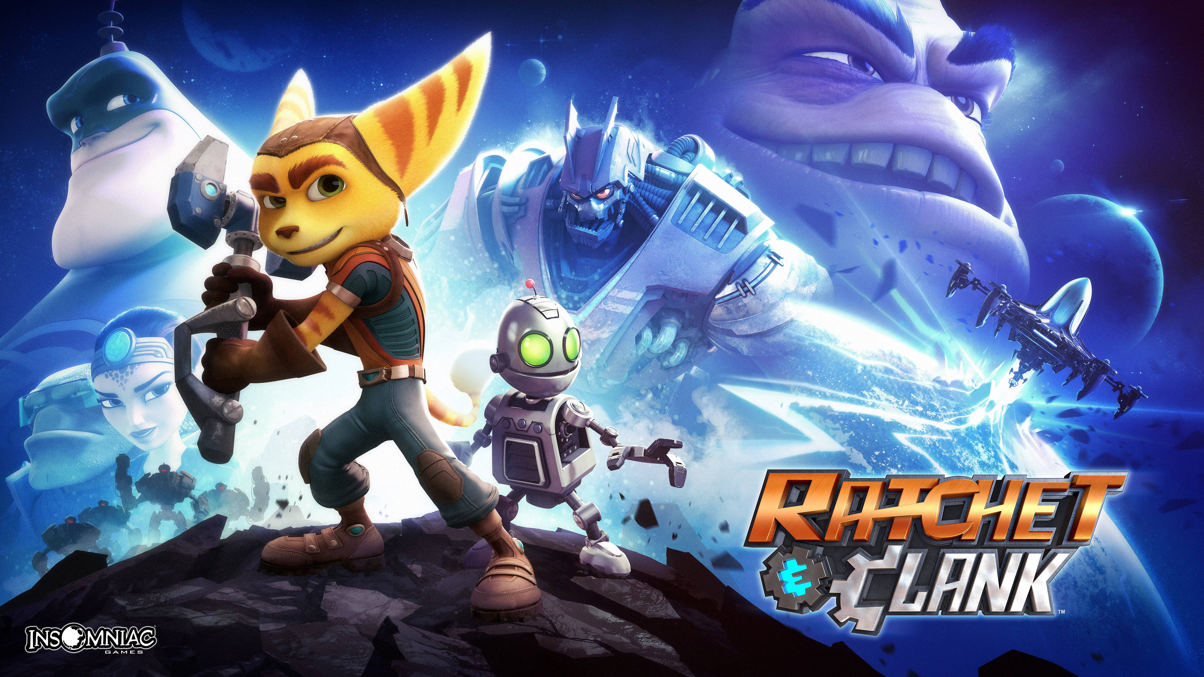 ratchet 桌布 壁紙 — Ratchet 和 Clank 英雄般地站在岩石露頭上，背景是宇宙，有巨大的外星面孔和太空船。