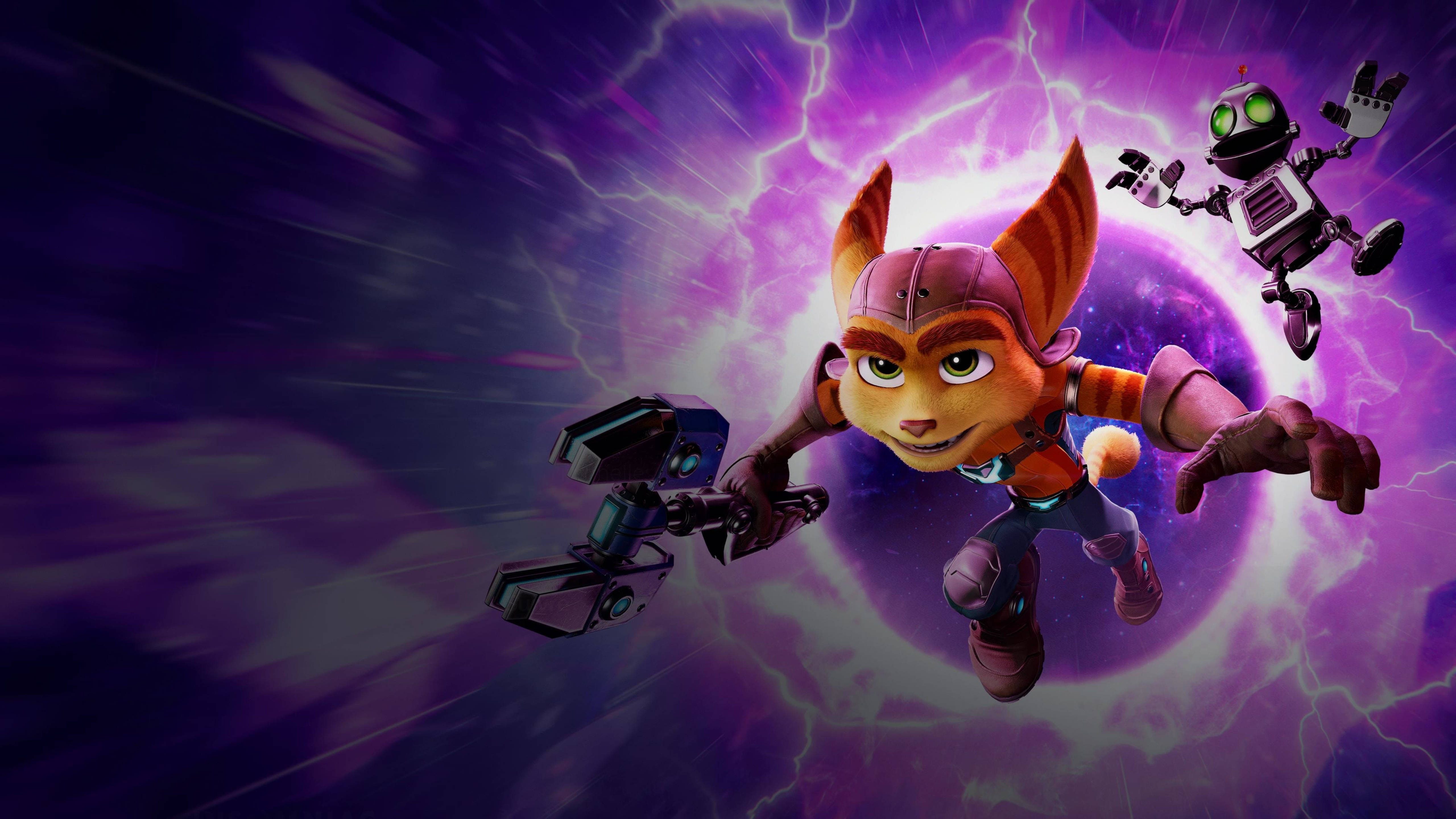 ratchet 桌布 壁紙 — Ratchet 和 Clank 在充滿紫色閃電的漩渦中翱翔，場面動感十足。