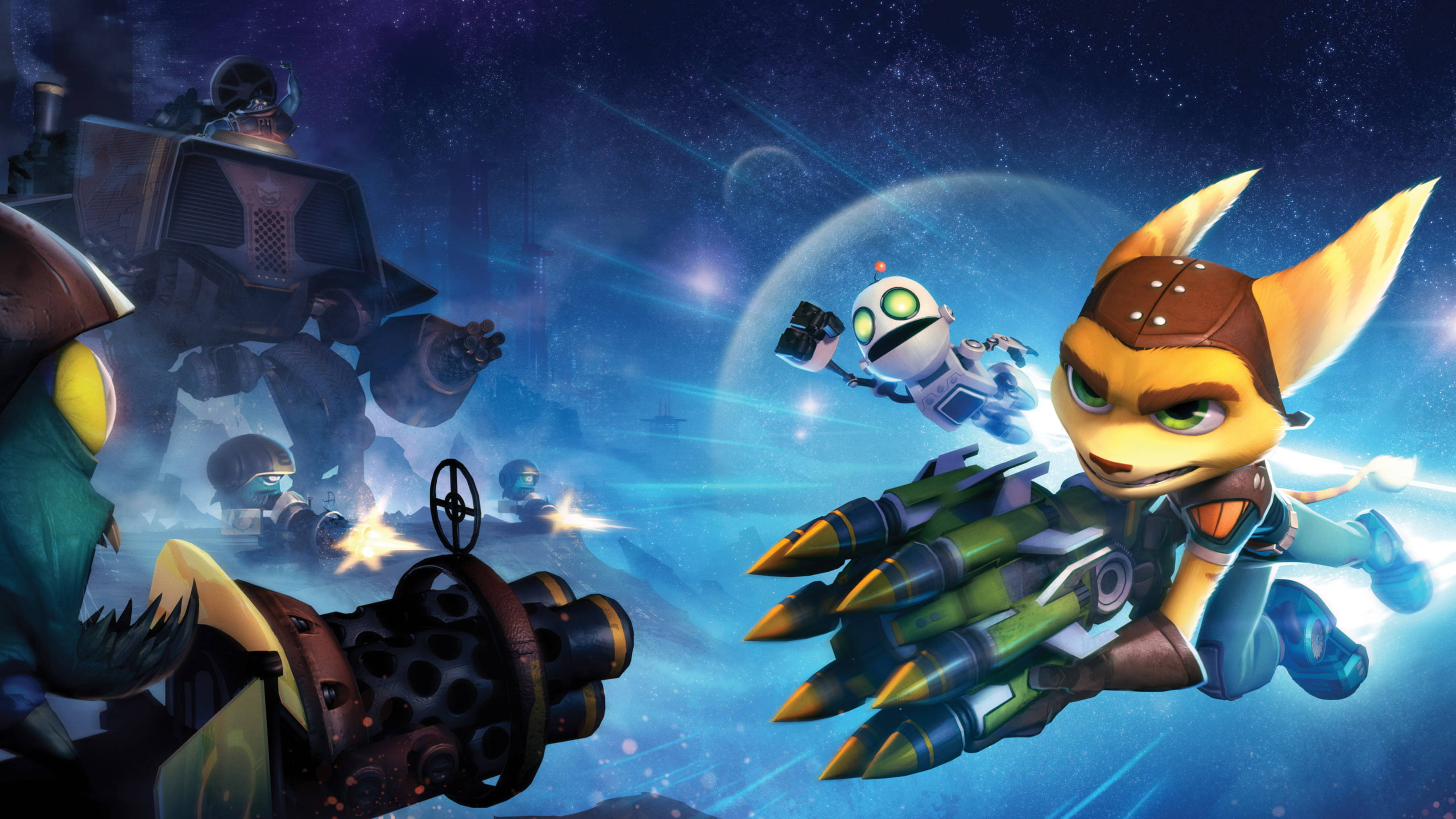 ratchet 桌布 壁紙 — Ratchet 和 Clank 在動感科幻動作場景中，帶著發光武器和敵方機器人穿越太空。