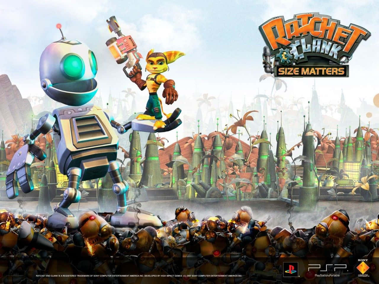 Psp 桌布 壁紙 — Ratchet 和 Clank 英雄般地站在被擊敗的敵人之上，身處充滿活力的科幻風景中，周圍有發光的綠色建築。