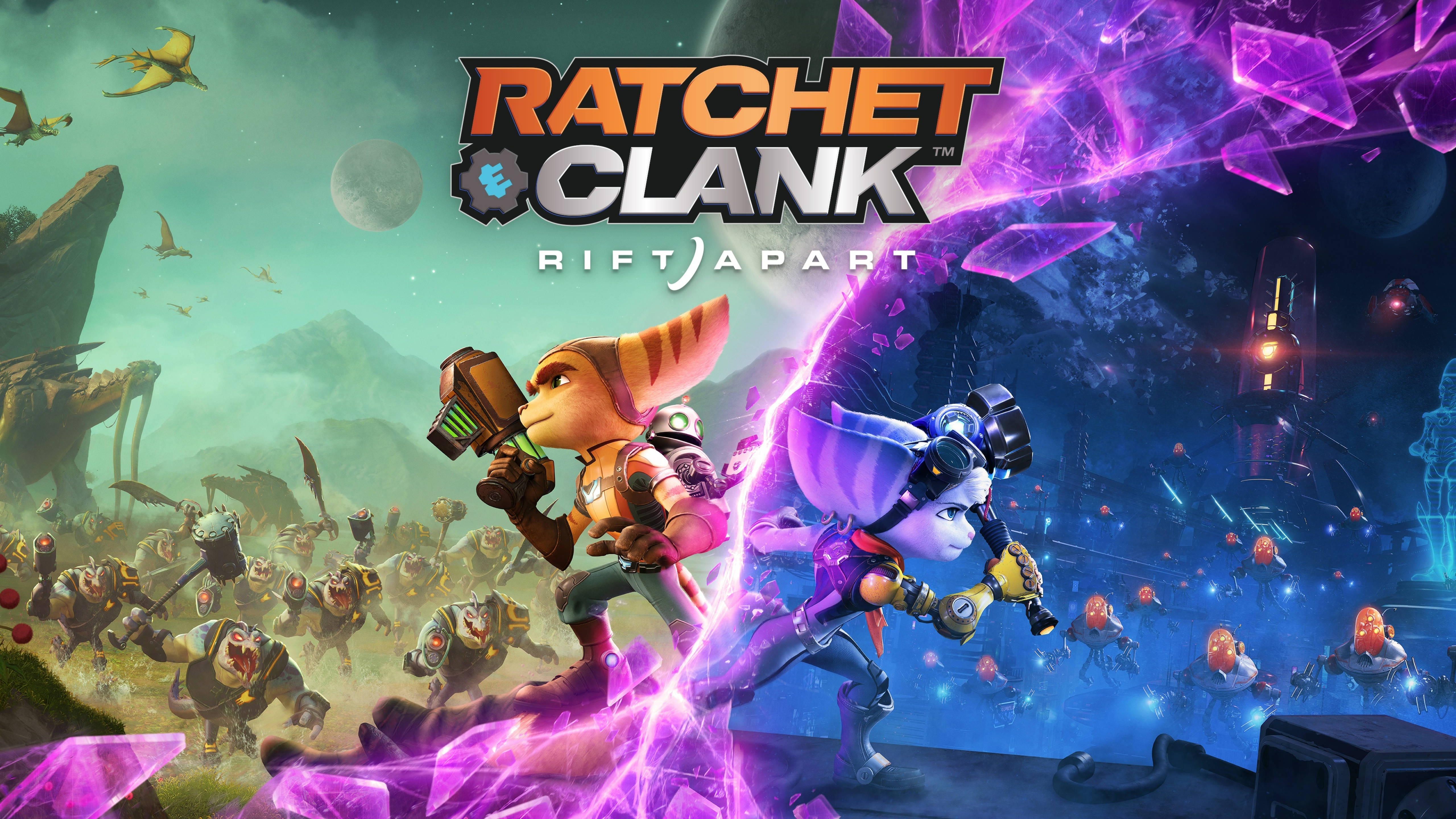 ratchet 桌布 壁紙 — Ratchet 和 Clank 在科幻遊戲場景中，於發光的紫色能量和漂浮水晶之間與外星敵人戰鬥。