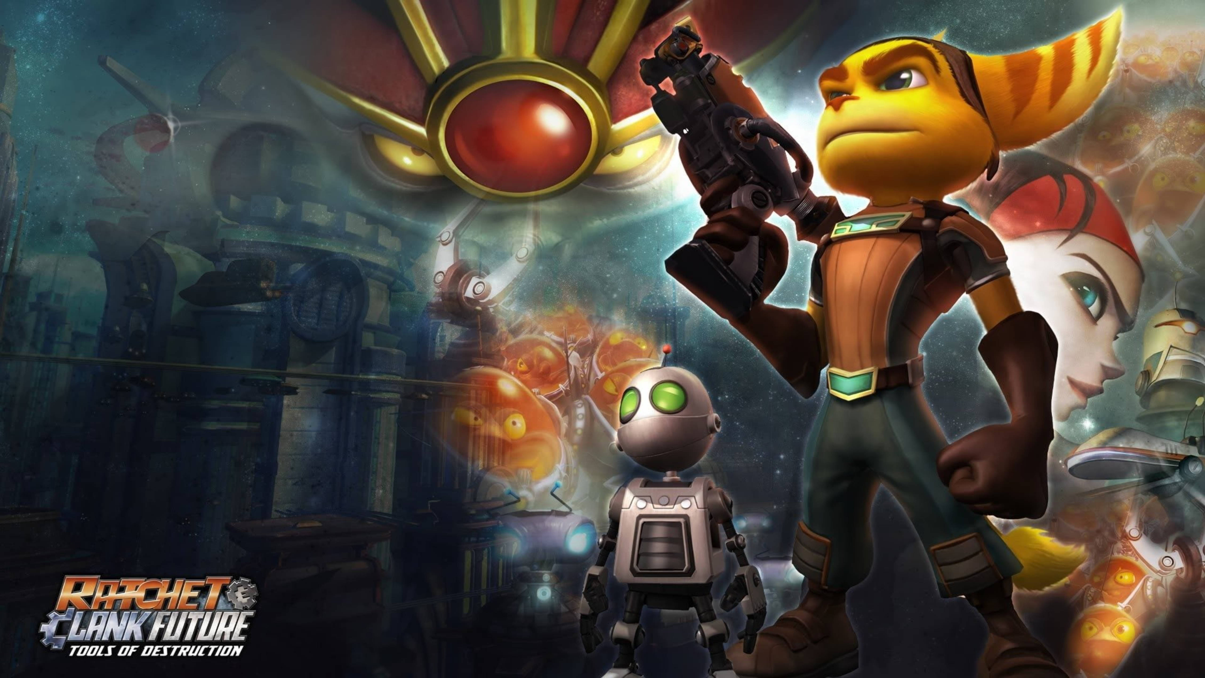 ratchet 桌布 壁紙 — Ratchet 和 Clank 在科幻場景中準備就緒，周圍有發光的外星生物和未來主義機械。