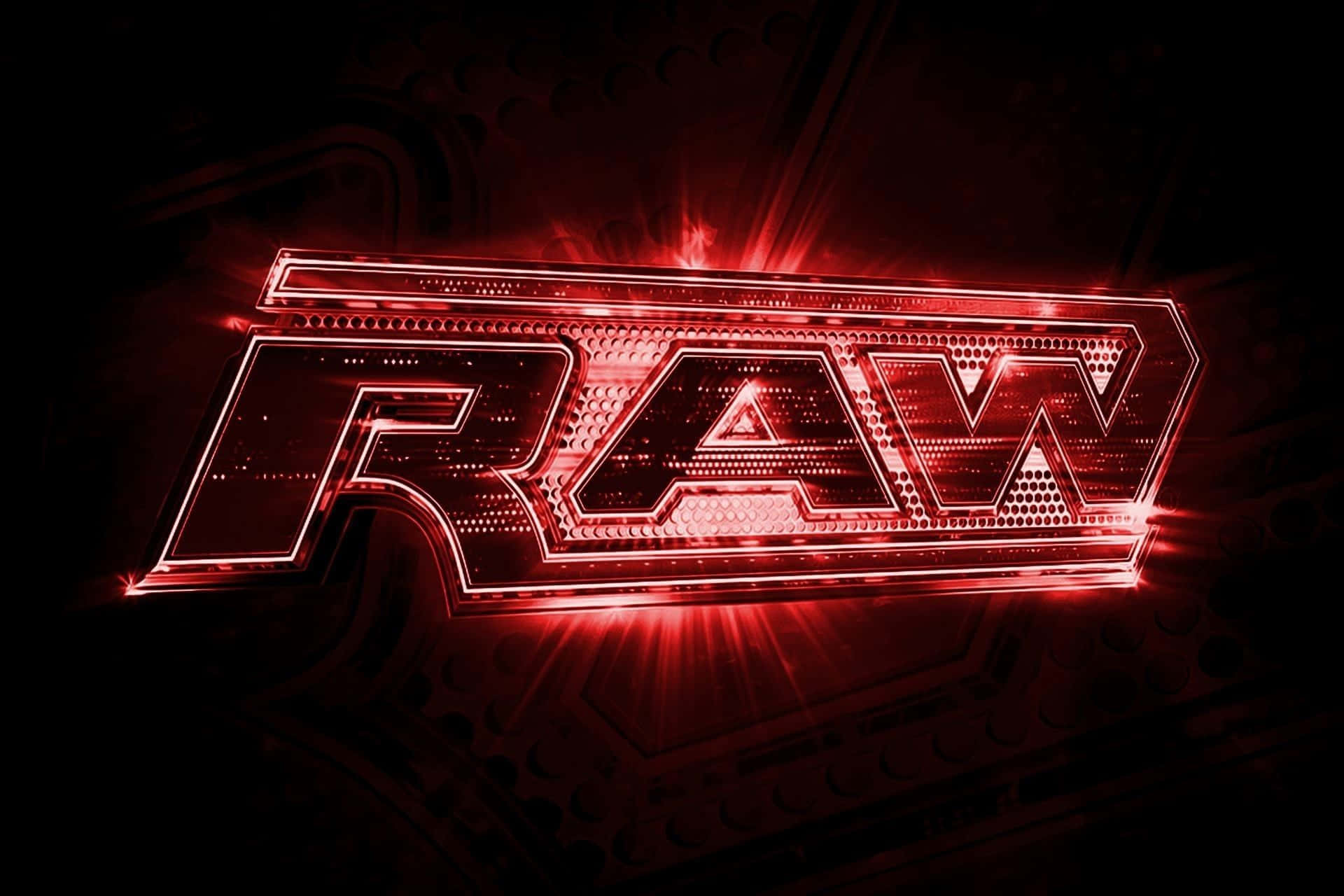 WWE Logo 桌布 壁紙 — 「RAW」一詞以粗體紅色霓虹燈在深色紋理背景上發光，並帶有耀眼的光芒爆發。