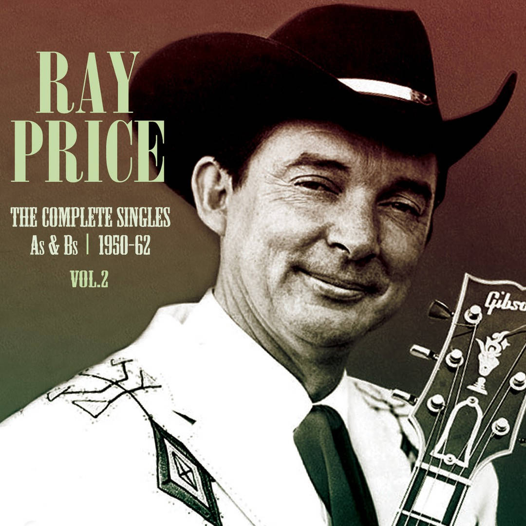 poster 桌布 壁紙 — Ray Price 戴著牛仔帽、穿著刺繡襯衫，手持 Gibson 吉他，在柔和漸變背景前溫暖微笑。