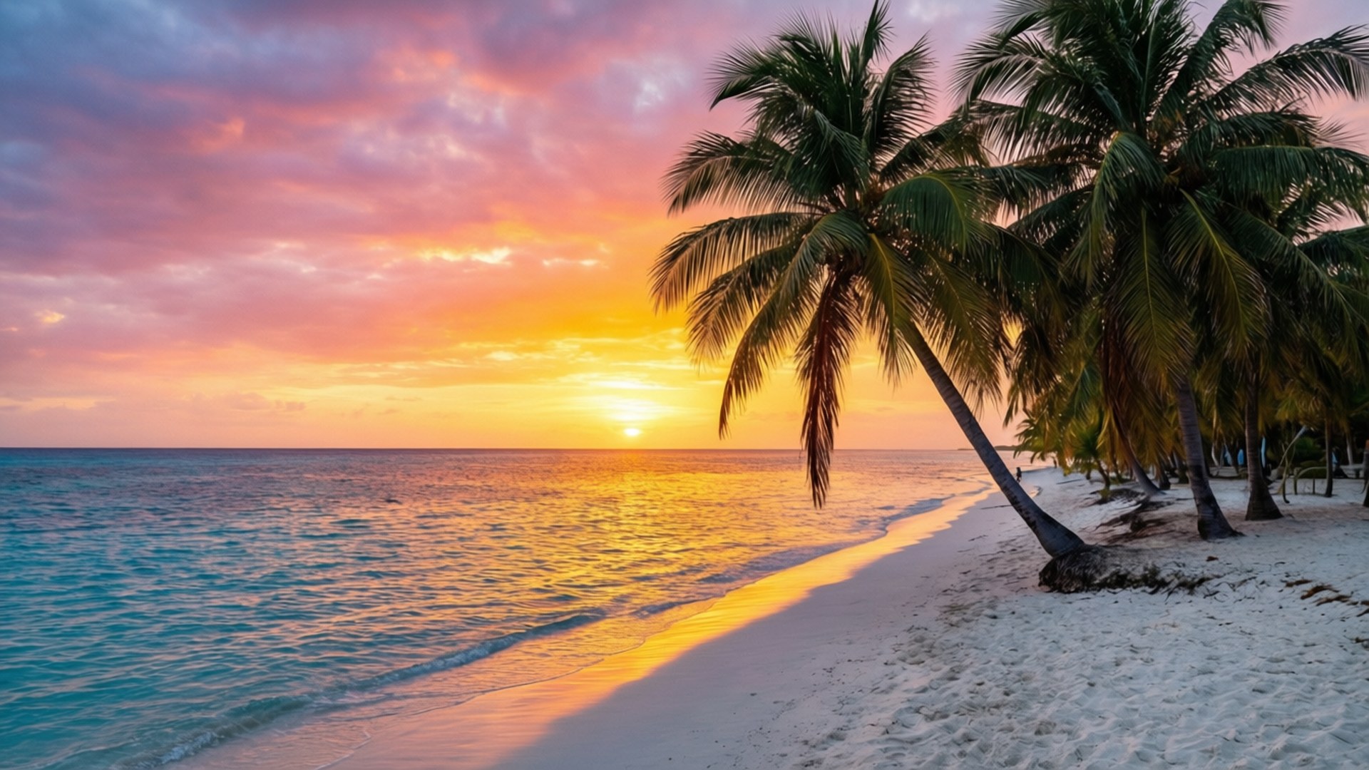 Sunset at Negril 壁紙 — 充滿活力的夕陽將天空染成粉紅色、橙色和黃色，海浪輕輕拍打著白色沙灘，沙灘上排列著傾斜的棕櫚樹。