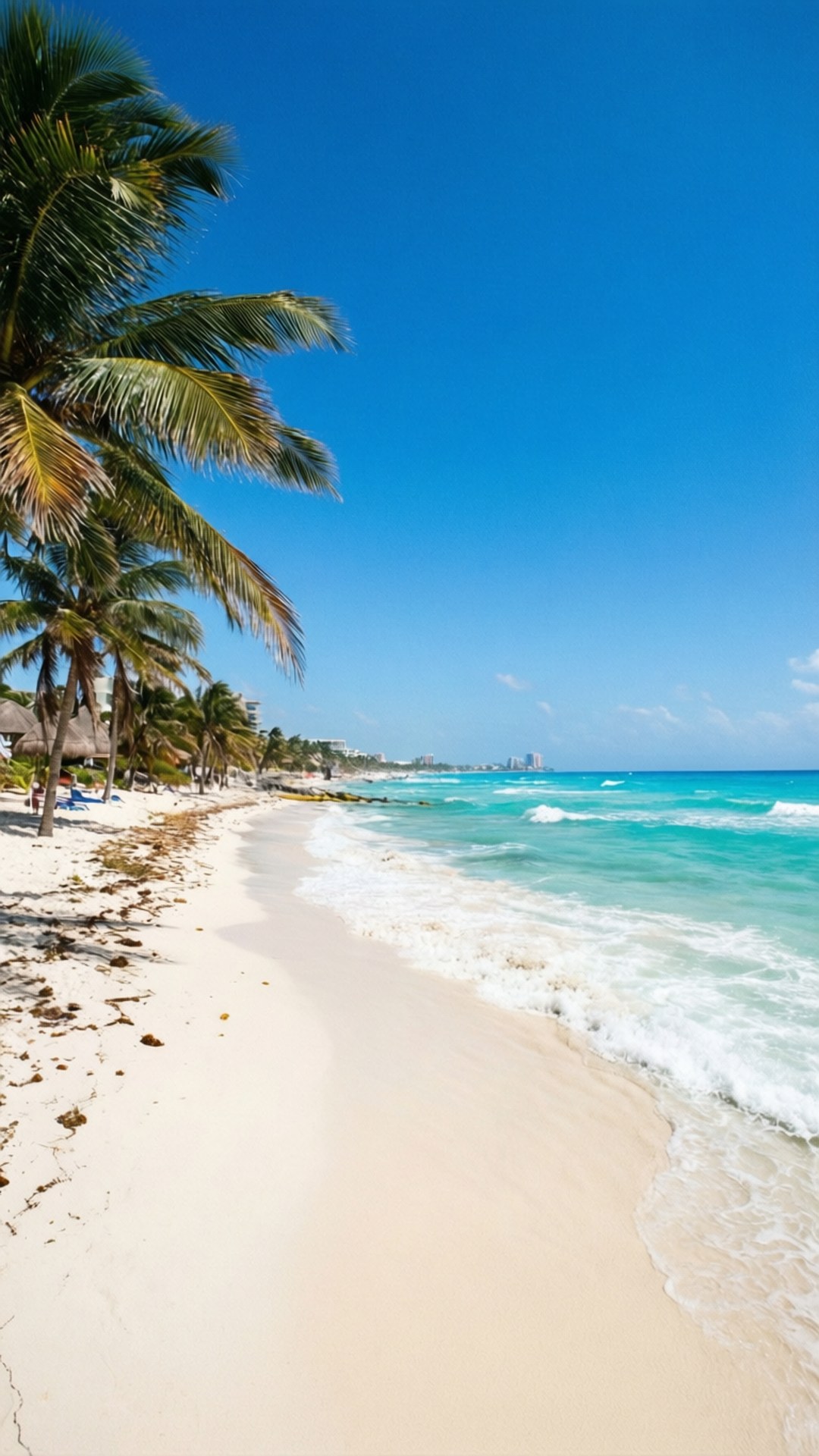 Cancun Tropical Beach 壁紙 — 熱帶海灘，有白色沙灘、碧綠海浪和棕櫚樹，在清澈的藍天下。