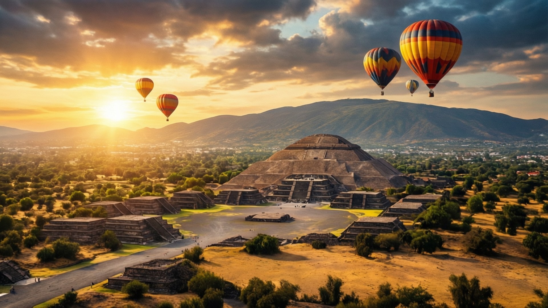 Teotihuacan Sunrise Balloons 壁紙 — 熱氣球在金色日落時分飄過特奧蒂瓦坎古城金字塔，將溫暖的光線灑在遺跡和遠山之上。