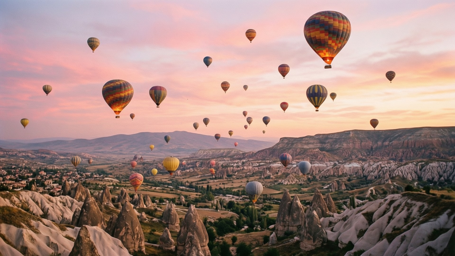Cappadocia Balloon Sunrise 壁紙 — 熱氣球在日出時分飄過卡帕多奇亞超現實的岩石地貌，天空呈現粉橙色。