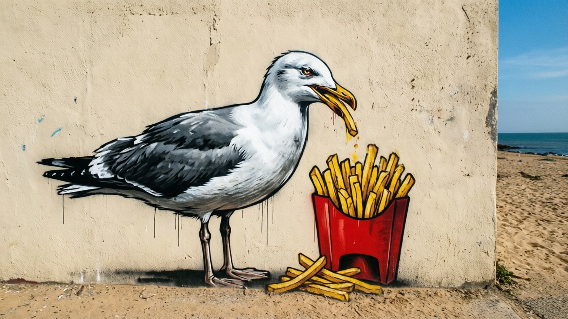 Seagull French Fry Thief 壁紙 — 一幅逼真的街頭壁畫，描繪一隻海鷗在沙灘牆上從紅色桶中偷薯條。