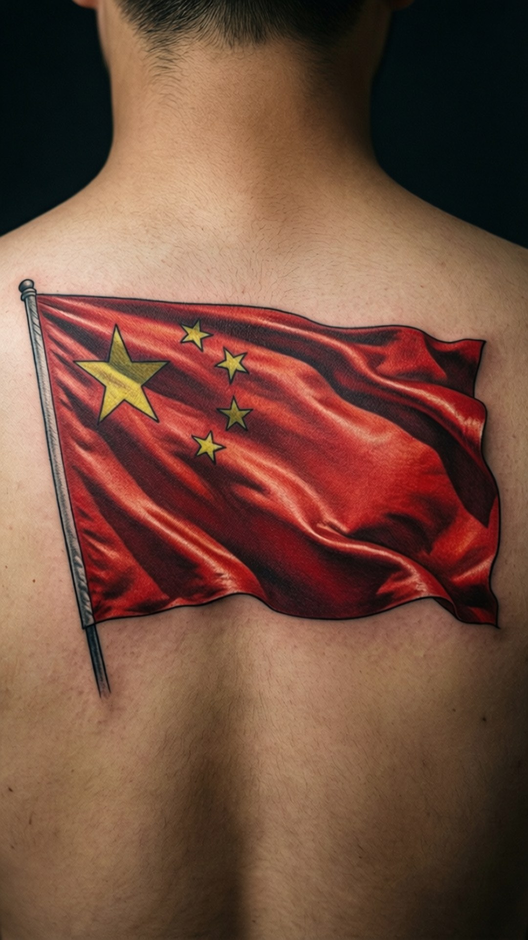 一個人的背上有一個中國國旗紋身，帶有紅色布料和金色星星。 — 中國國旗 壁紙