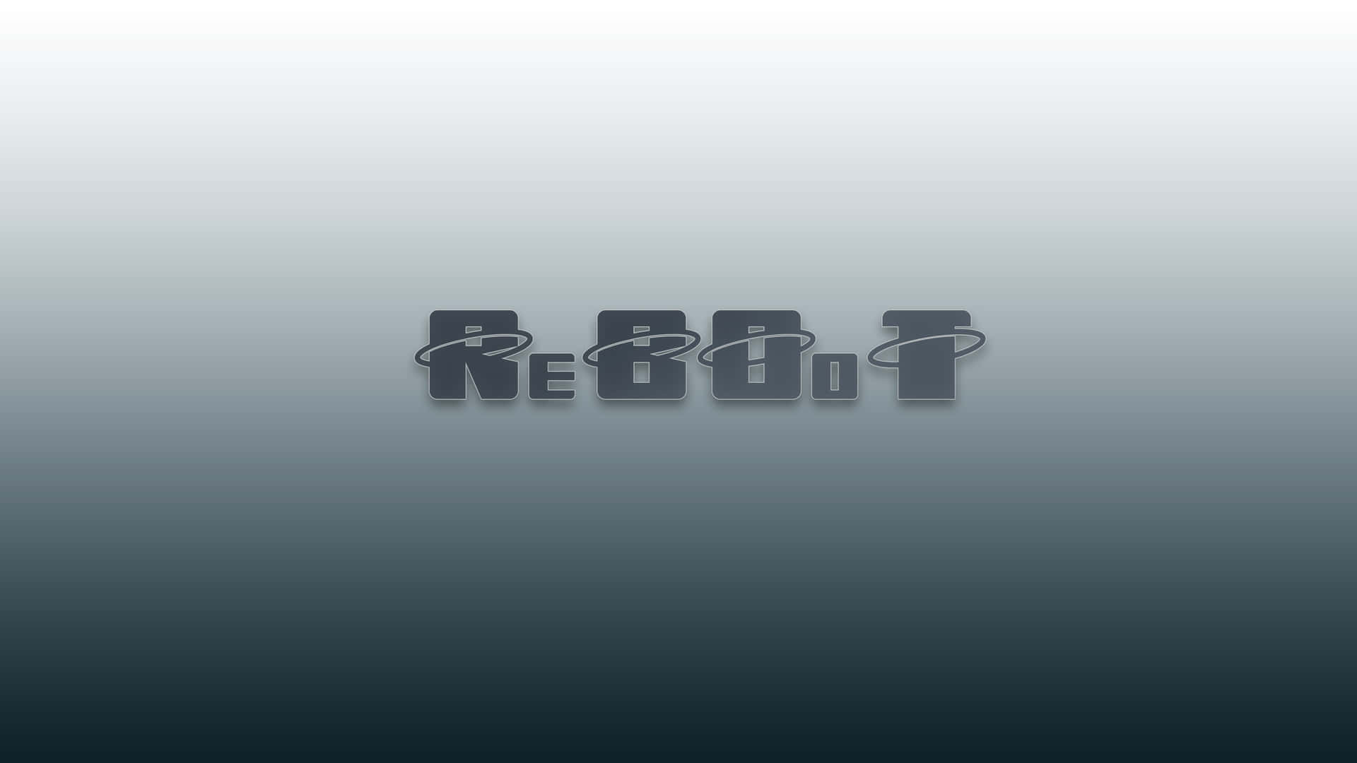 ReBOoT 壁紙 — 「reboot」一詞以風格化的灰色字母和圓形裝飾，浮在從淺灰色到深藍綠色的平滑漸變背景上。