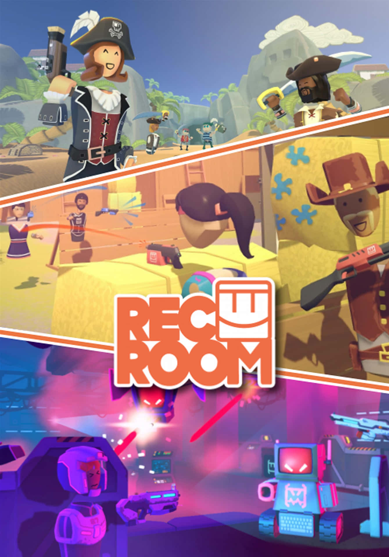  壁紙 — Rec Room 角色在牛仔海盜和科幻場景中的鮮豔數位拼貼畫，色彩大膽，充滿玩味的混亂。