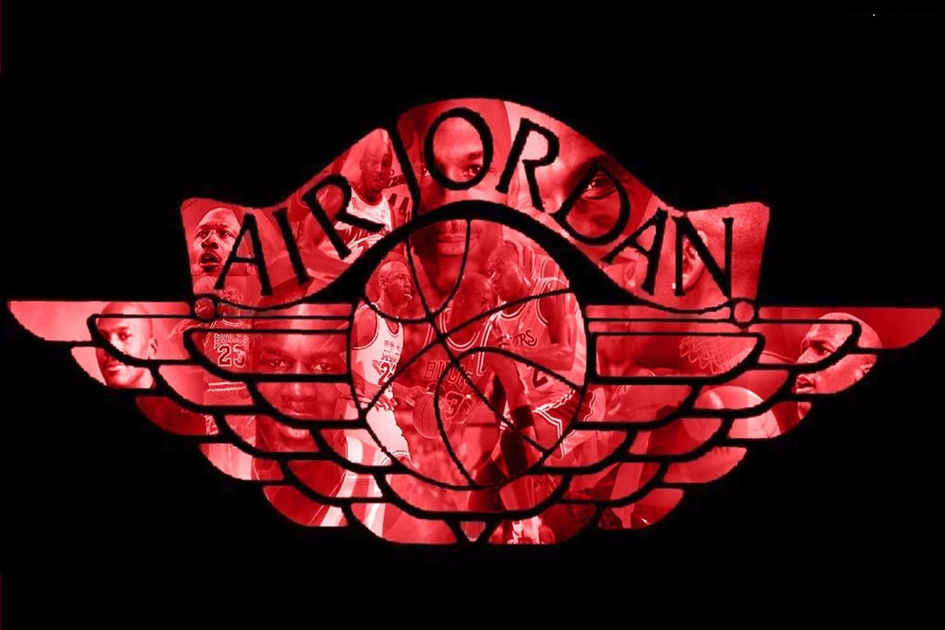 紅色Air Jordan標誌，籃球和球員面孔在黑色背景上。 — Jordan Logo 壁紙