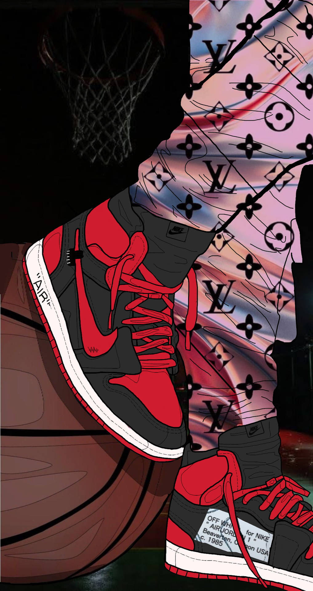 紅色和黑色的Nike Air Jordan運動鞋在籃球架下，旁邊有一個籃球。 — Jordan Logo 壁紙