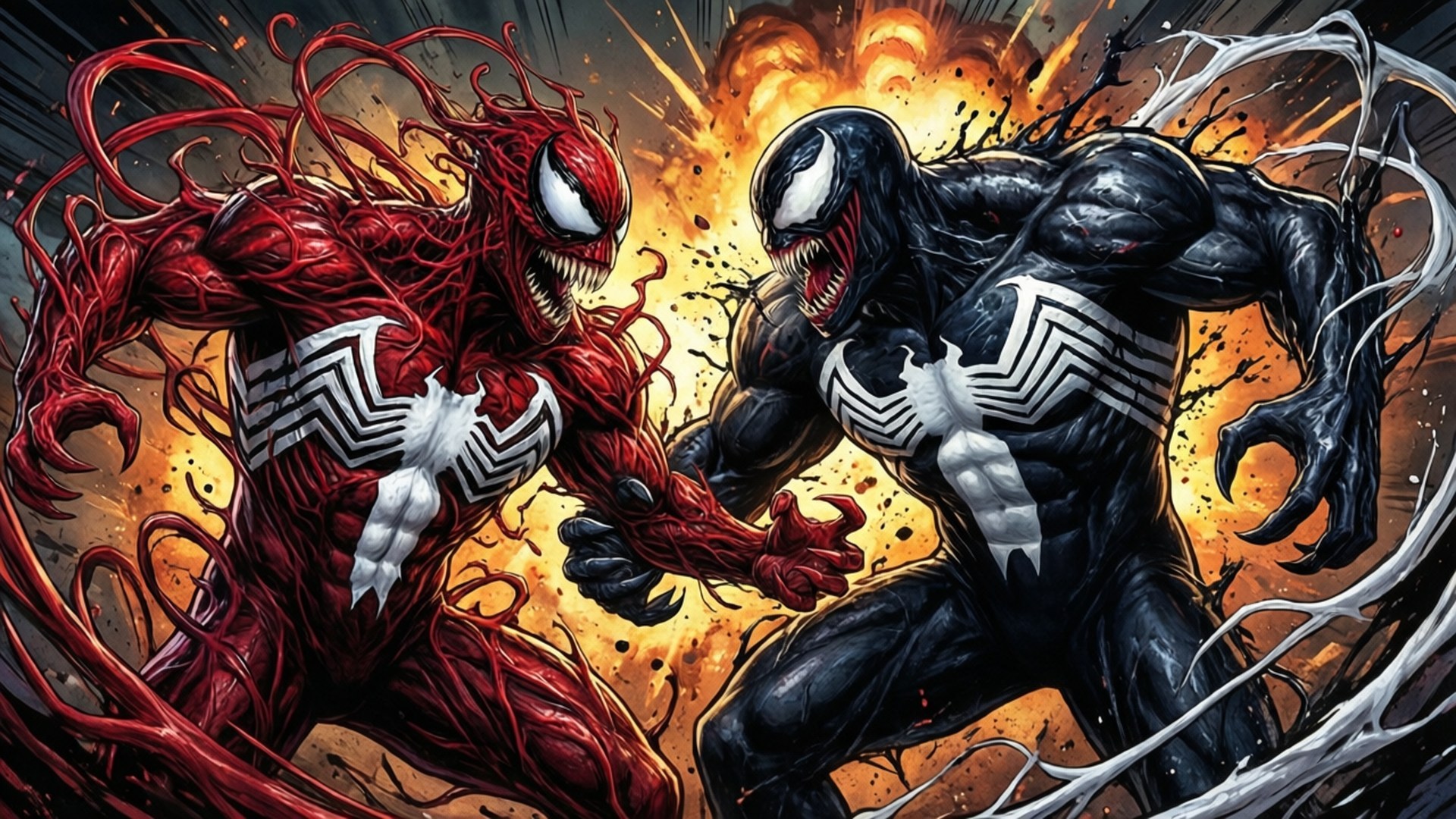 Carnage vs Anti-Venom 壁紙 — 紅色和黑色的共生體英雄在熾熱的爆炸性戰鬥中碰撞，觸手飛舞，牙齒裸露。
