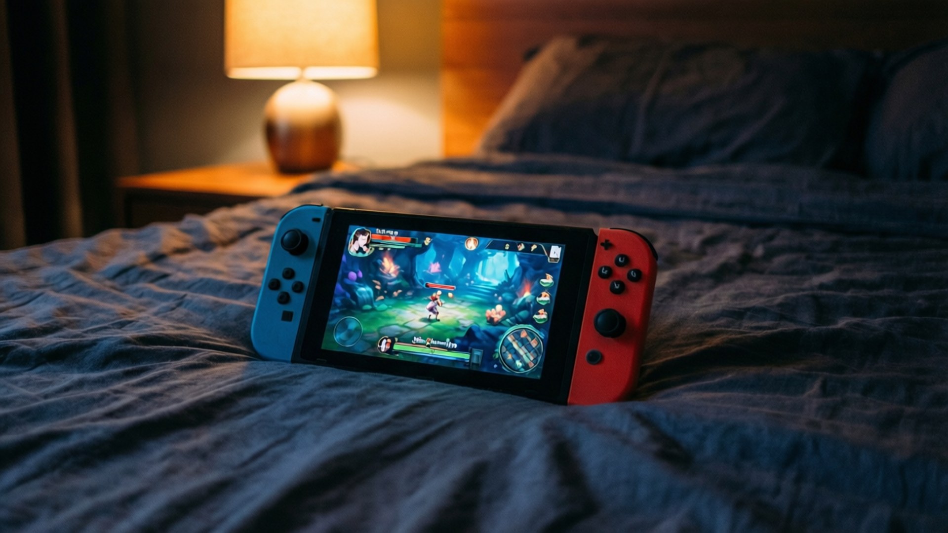 Night Gaming Session 壁紙 — 一台紅藍色Nintendo Switch放在皺巴巴的深藍色床單上，背景中一盞溫暖的燈柔和地發光。