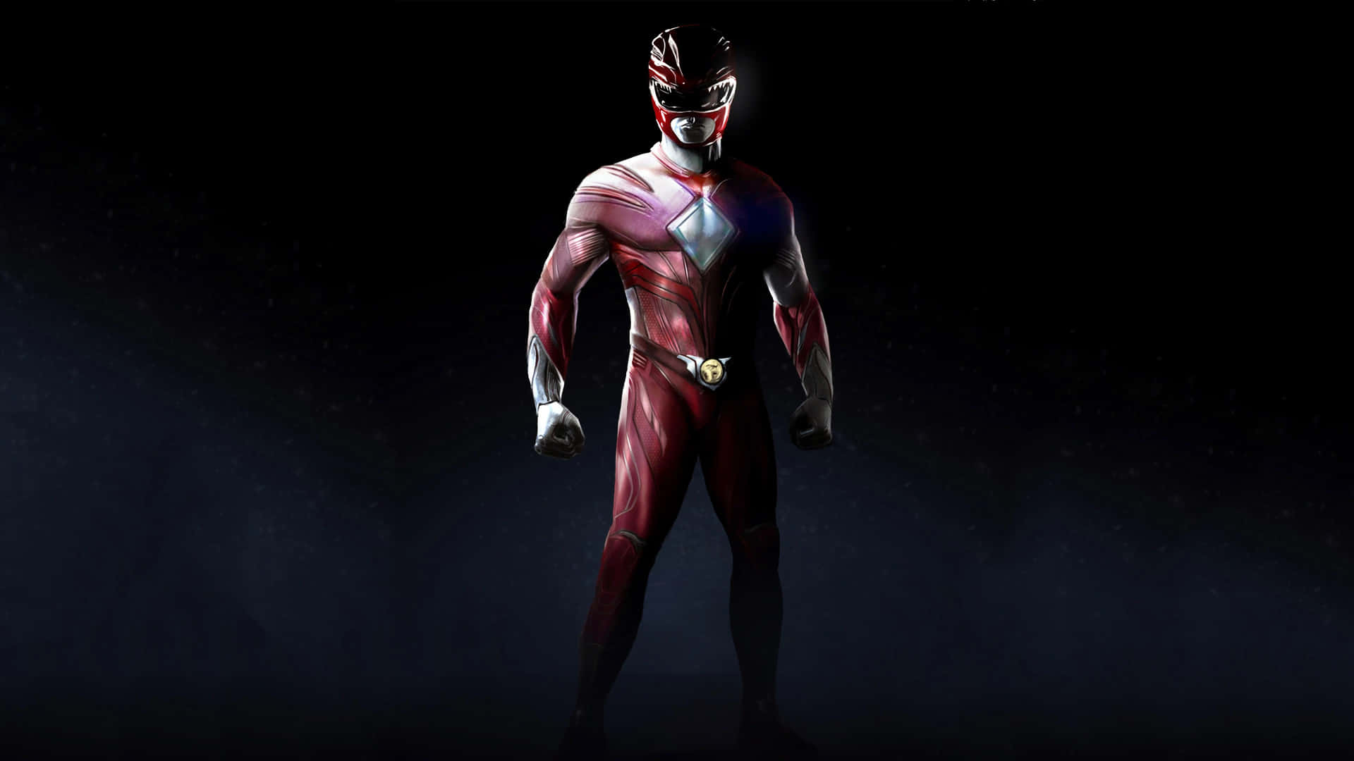  壁紙 — 紅色和銀色的Power Ranger在黑暗的宇宙背景下英勇站立，帶有發光點綴。
