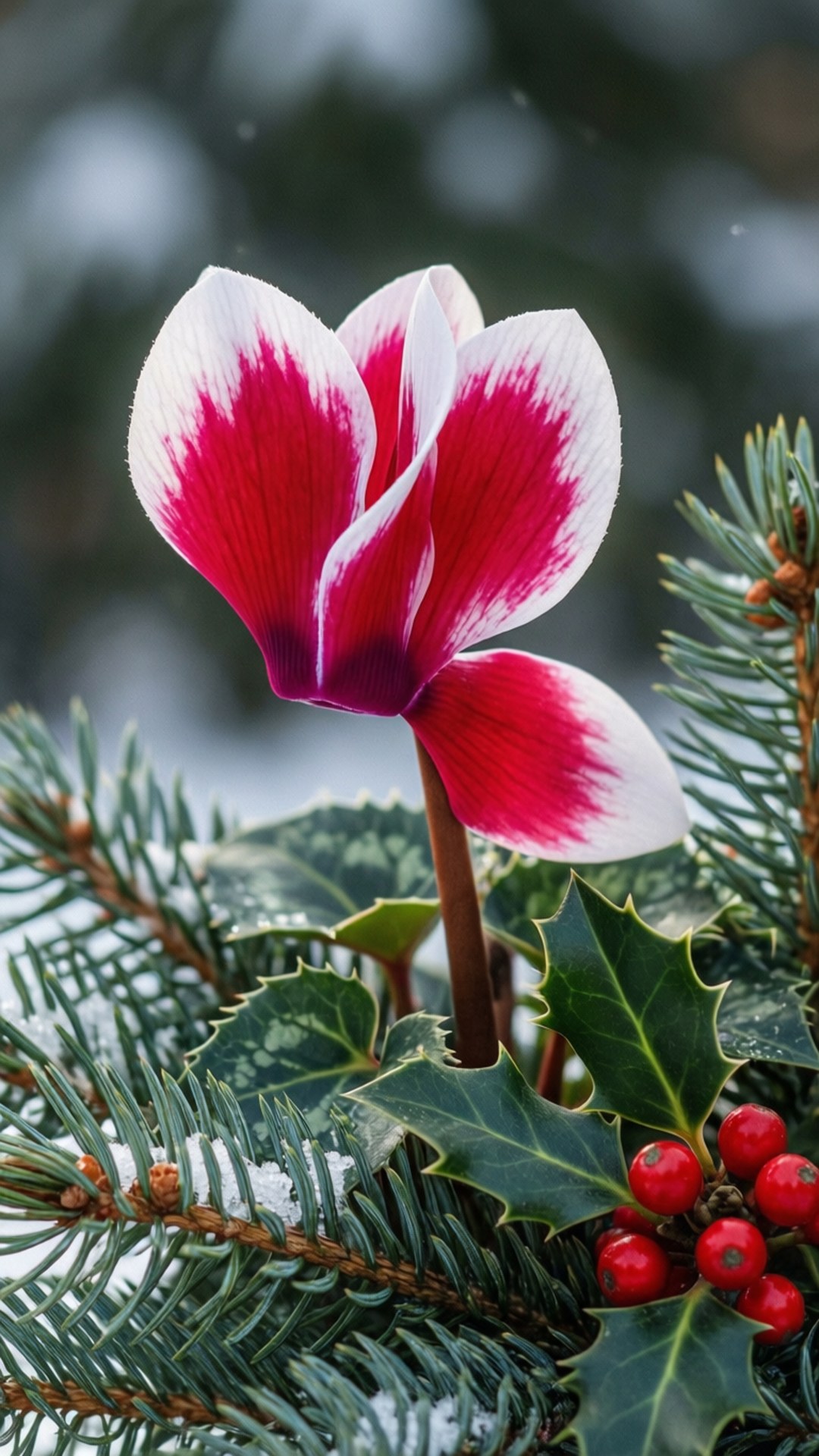 Christmas Cyclamen 壁紙 — 一朵鮮豔的紅白仙客來花在灑滿白雪的常綠樹枝和冬青漿果中盛開。