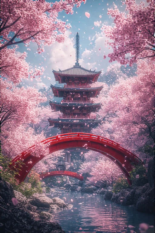 紅色橋樑橫跨河流，背景有櫻花和寶塔 — 京都 壁紙
