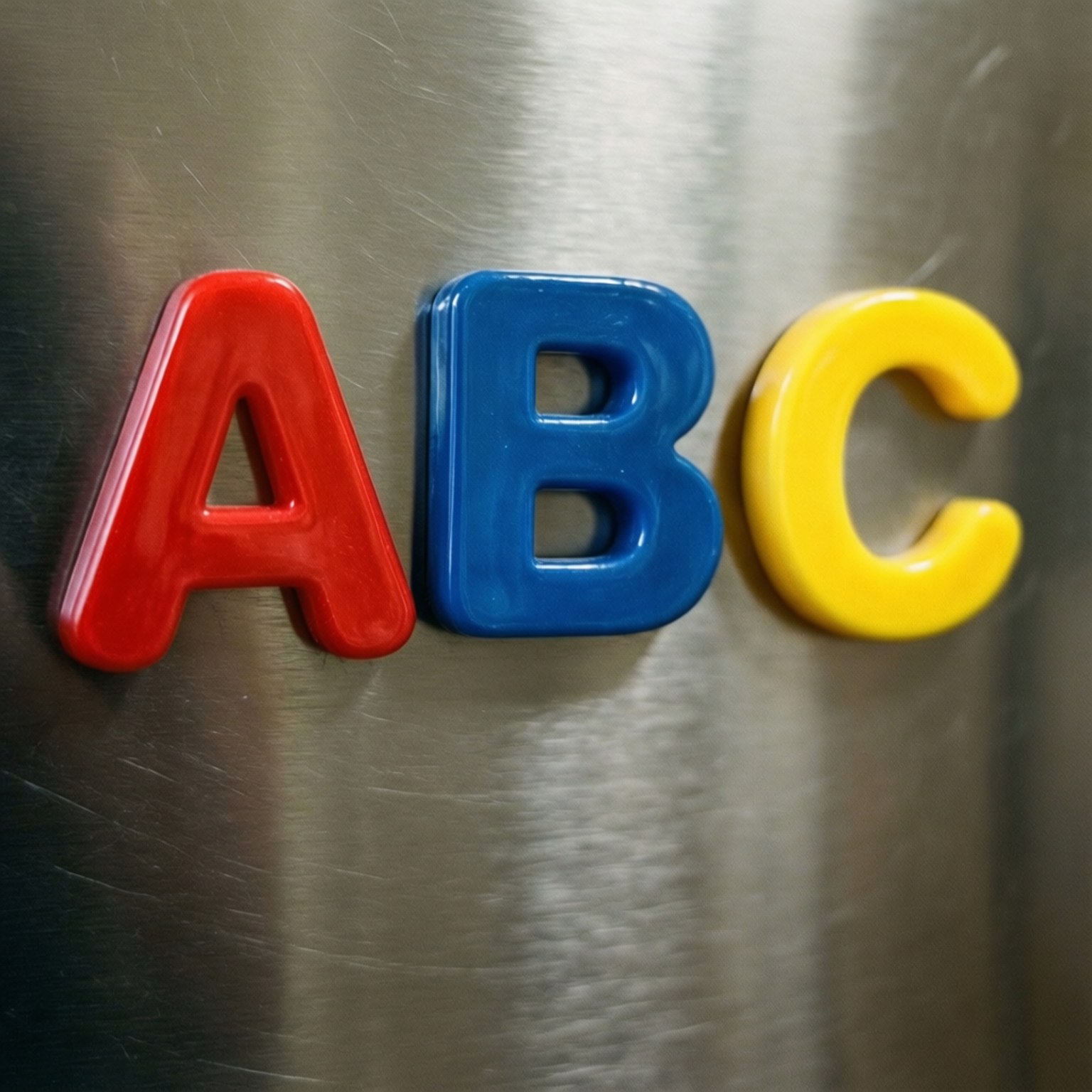 Alphabet Magnets ABC 壁紙 — 紅色、藍色和黃色塑膠ABC字母磁性地貼在拉絲不鏽鋼表面上。