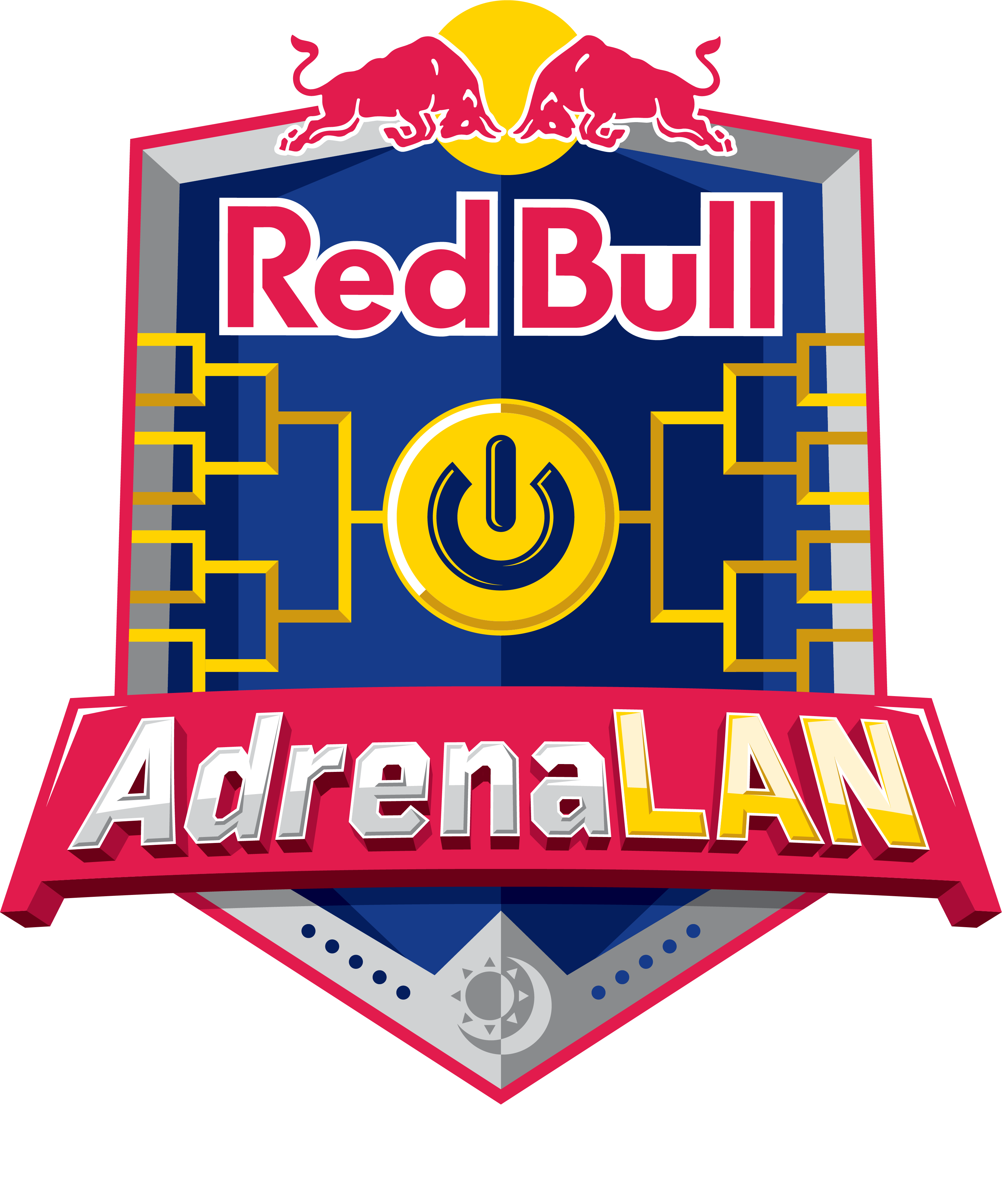 紅牛 桌布 壁紙 — Red Bull AdrenaLAN 標誌，兩隻紅色公牛位於藍色盾牌上方，帶有黃色電路圖案和電源符號。