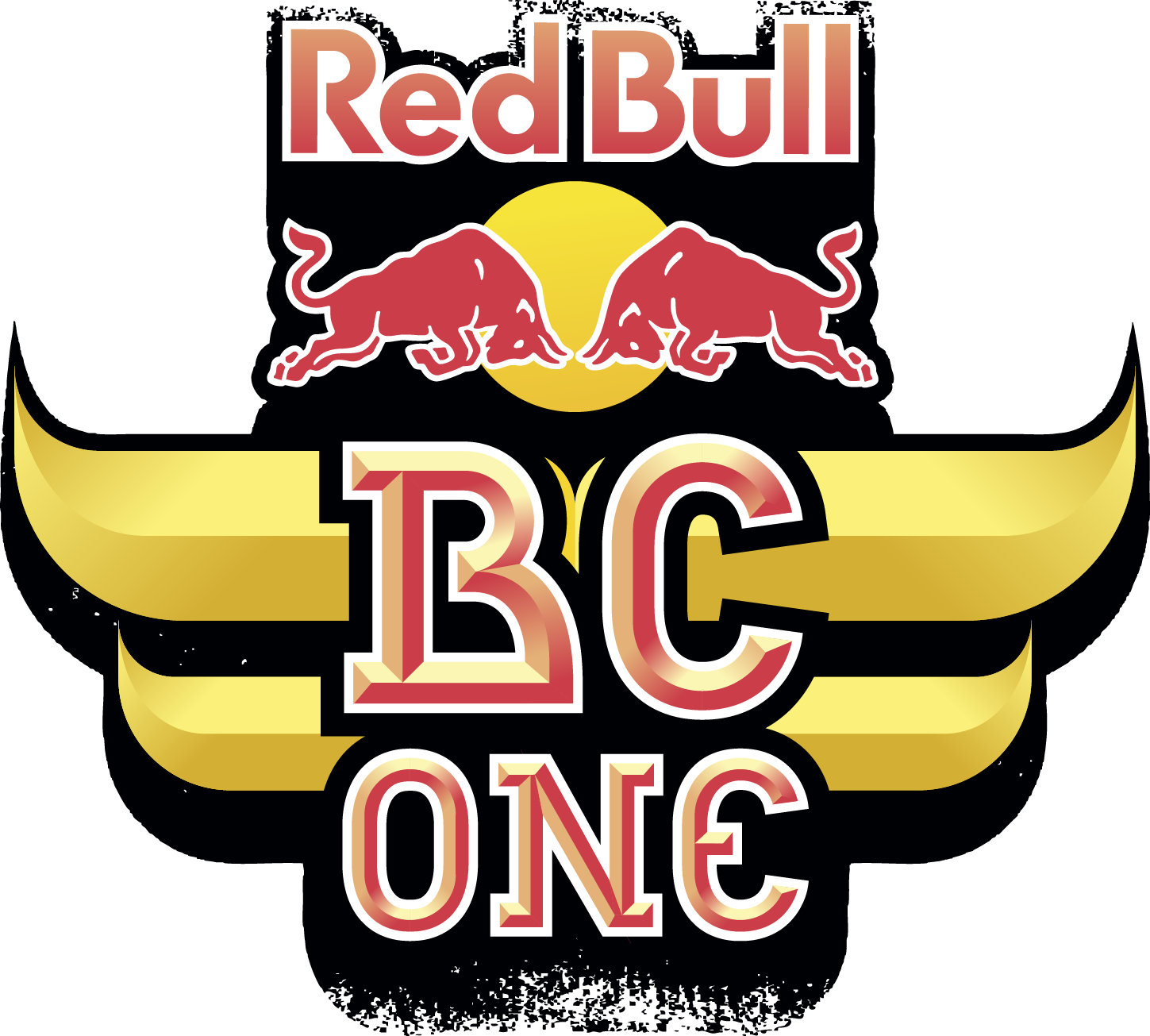 紅牛 桌布 壁紙 — Red Bull BC One 標誌，兩頭紅牛衝向一個被金色翅膀環繞的黃色太陽。