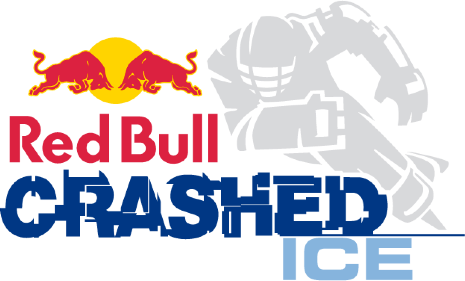 紅牛 桌布 壁紙 — Red Bull Crashed Ice 標誌，紅色公牛跳過黃色太陽和灰色滑雪者剪影。