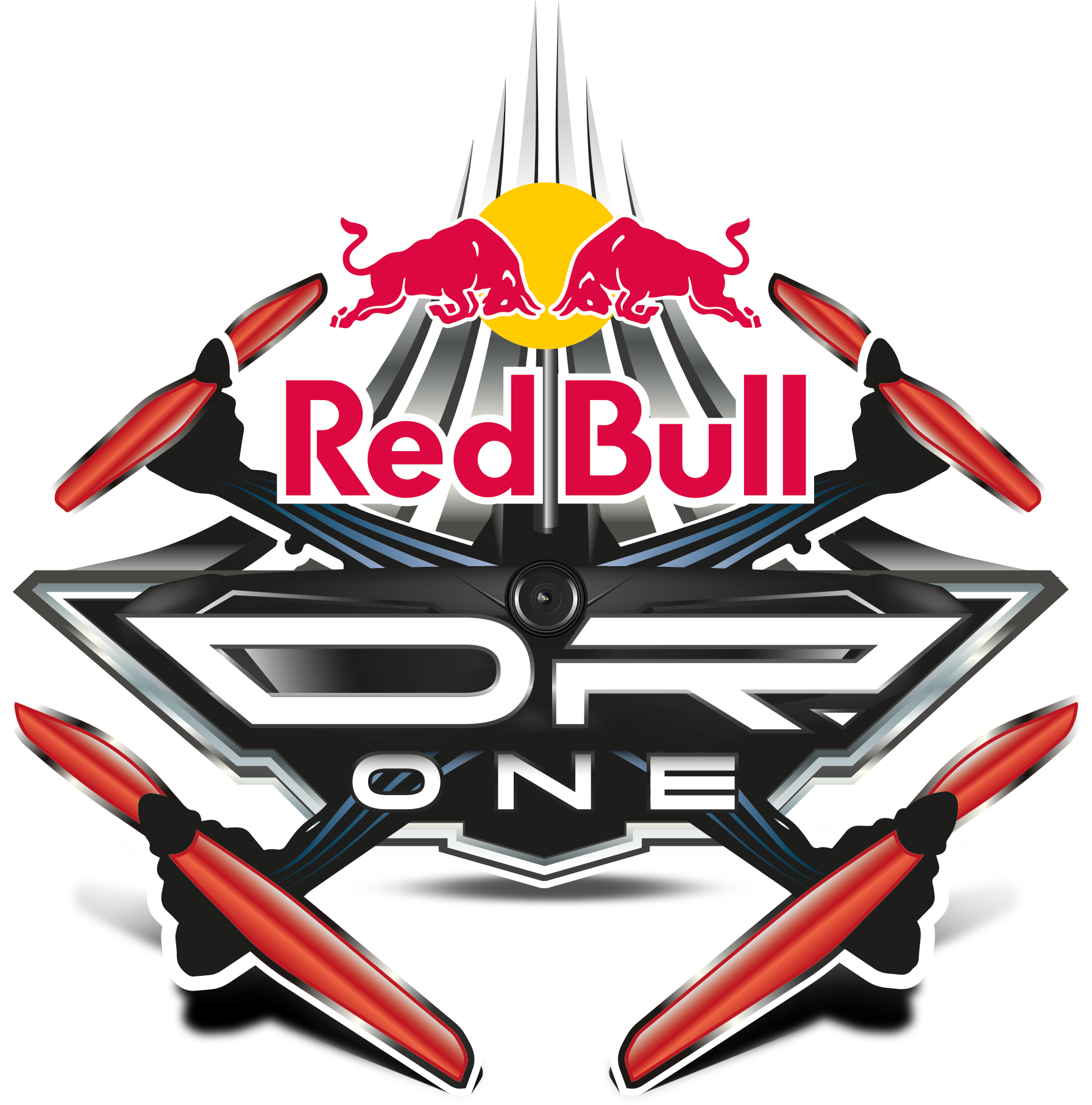 紅牛 桌布 壁紙 — Red Bull Drone One 標誌，有紅色公牛、黃色太陽和紅色螺旋槳，背景為黑色。