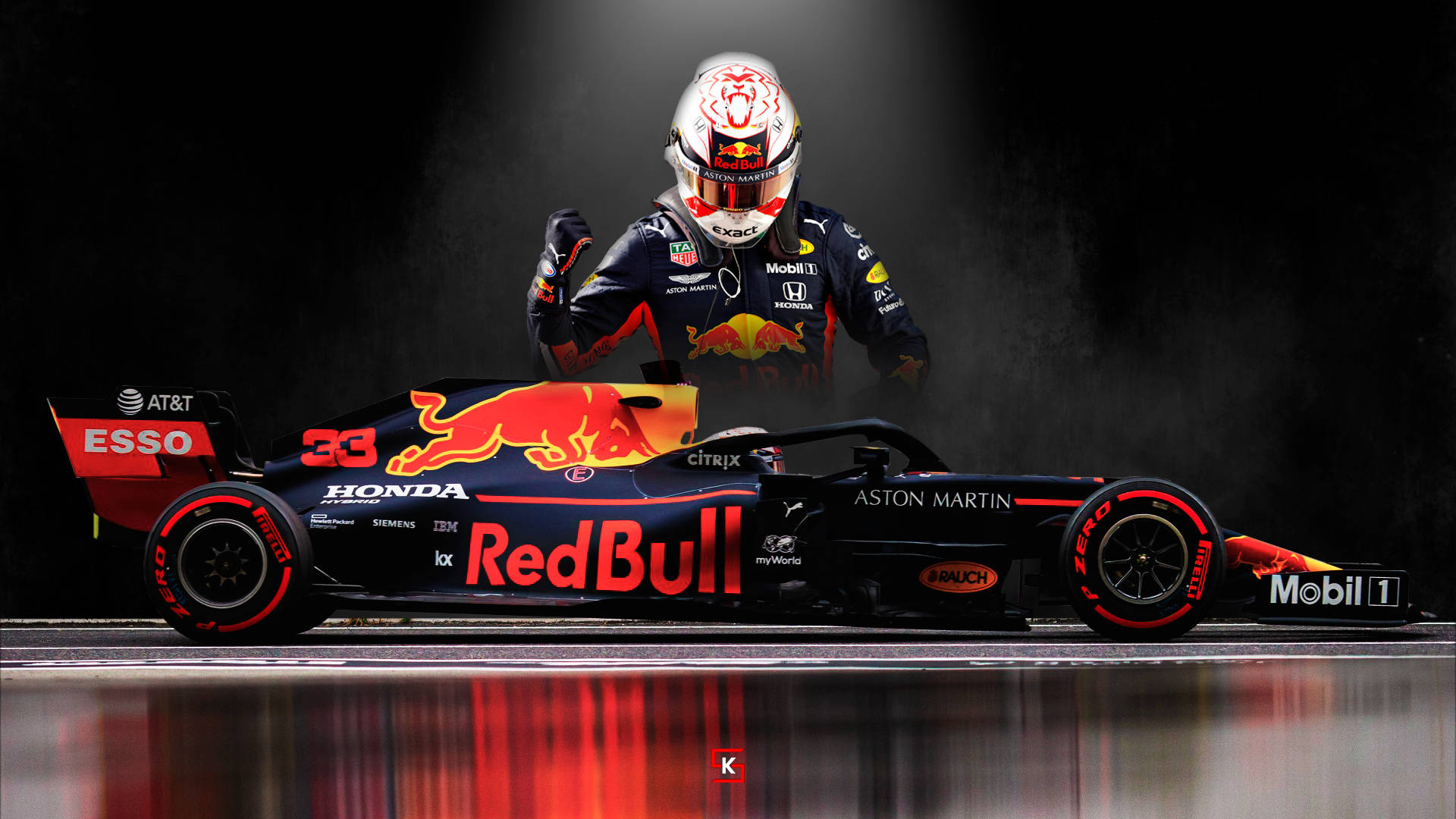 紅牛F1車手在夜間潮濕的賽道上，在賽車旁慶祝勝利。 — 酷炫F1 壁紙