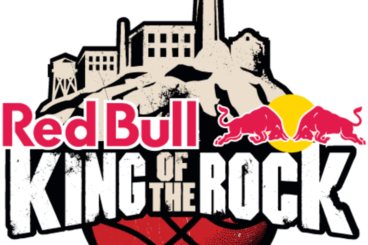 紅牛 桌布 壁紙 — Red Bull King of the Rock 活動的醒目紅色公牛標誌和粗糙的城市天際線背景。