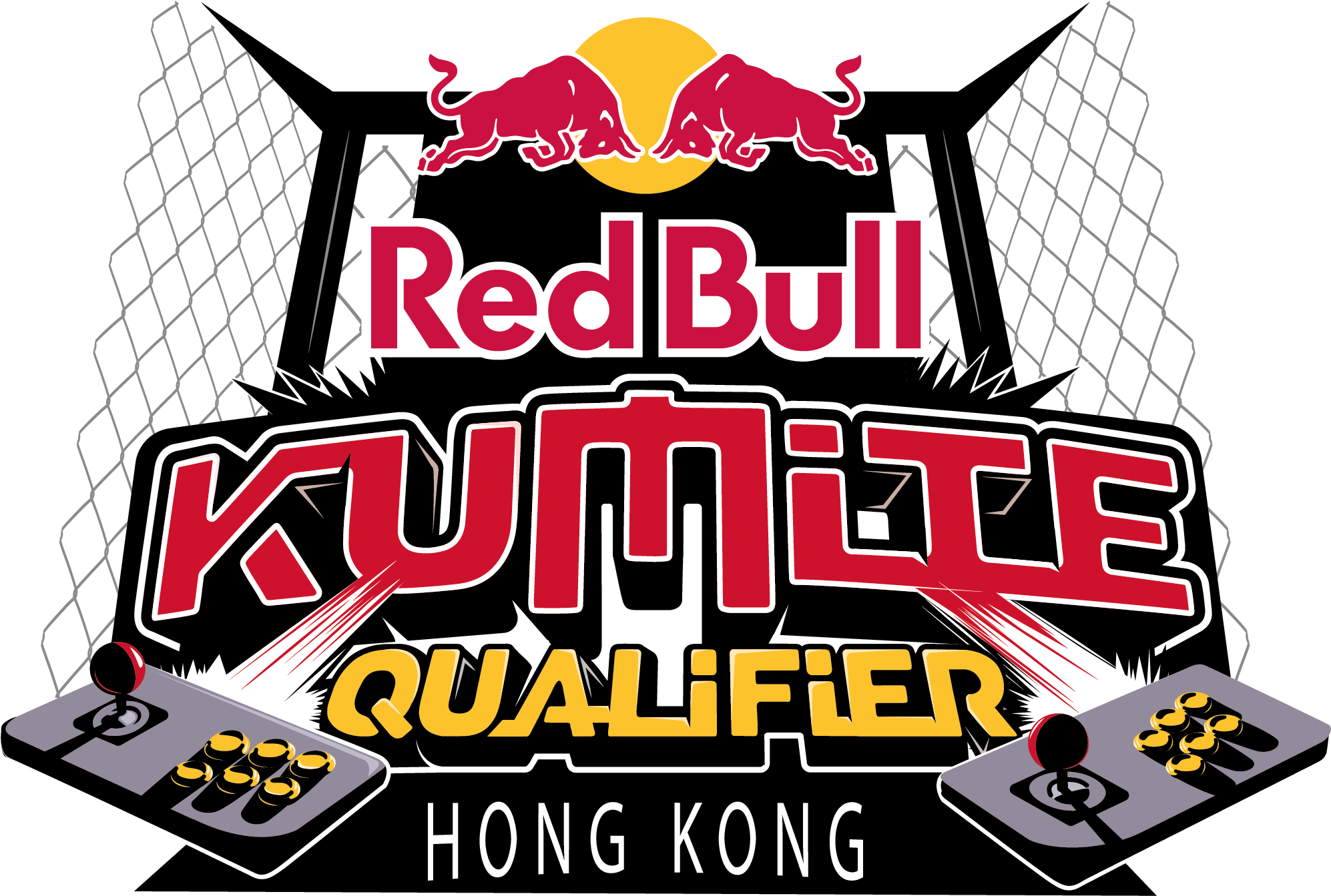 紅牛 桌布 壁紙 — Red Bull Kumite Qualifier Hong Kong 標誌，兩個格鬥遊戲控制器位於粗體紅色和黃色文字兩側，背景為黑色，帶有鐵絲網圖案。