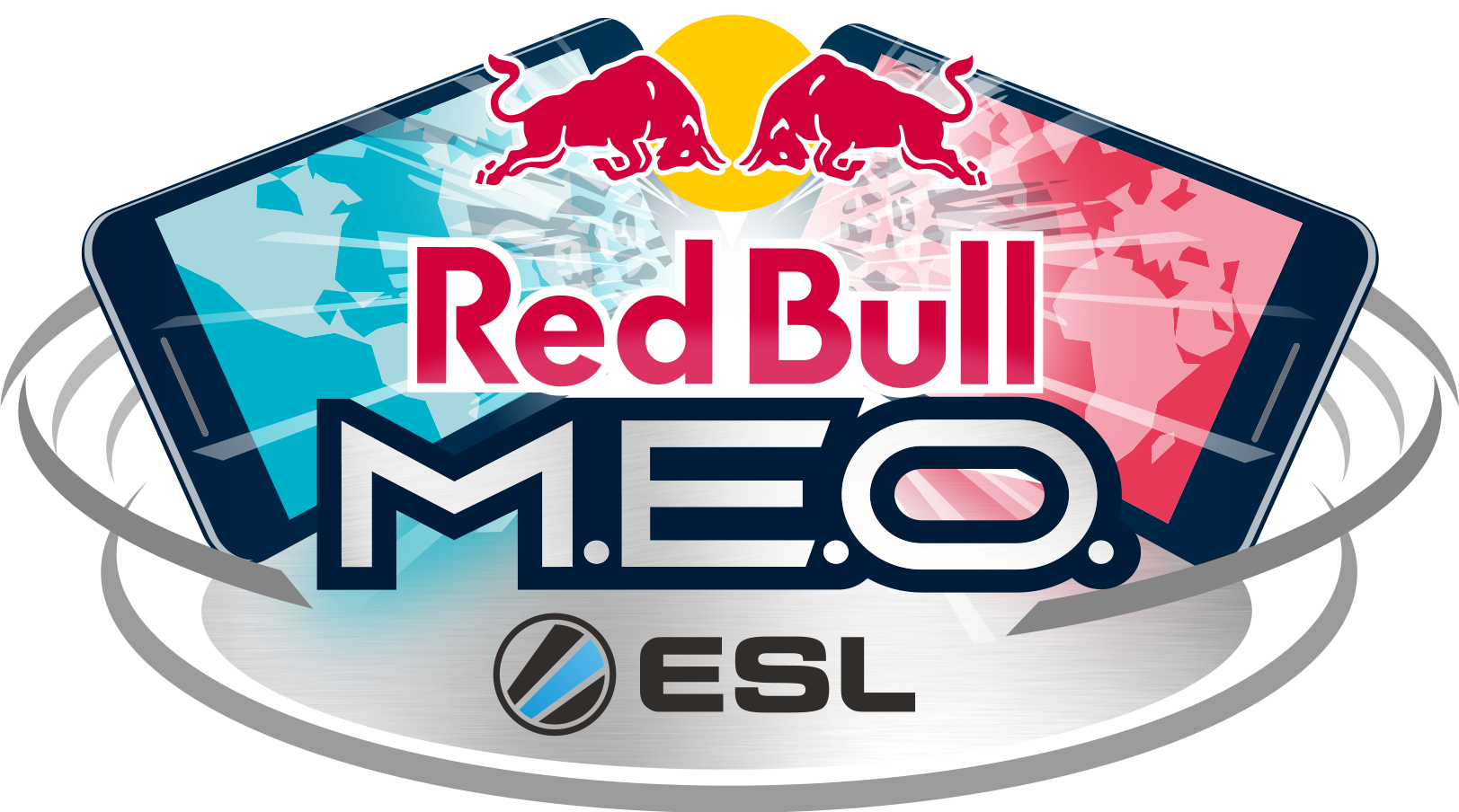 紅牛 桌布 壁紙 — Red Bull M.E.O. ESL 標誌，兩頭衝鋒的公牛位於一部展示鮮豔藍色和粉紅色抽象圖案的風格化智慧型手機上方。
