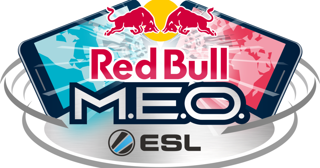 紅牛 桌布 壁紙 — Red Bull M.E.O. ESL 標誌，兩隻紅色公牛位於一個顯示抽象藍色和粉紅色圖形的風格化電話上方。