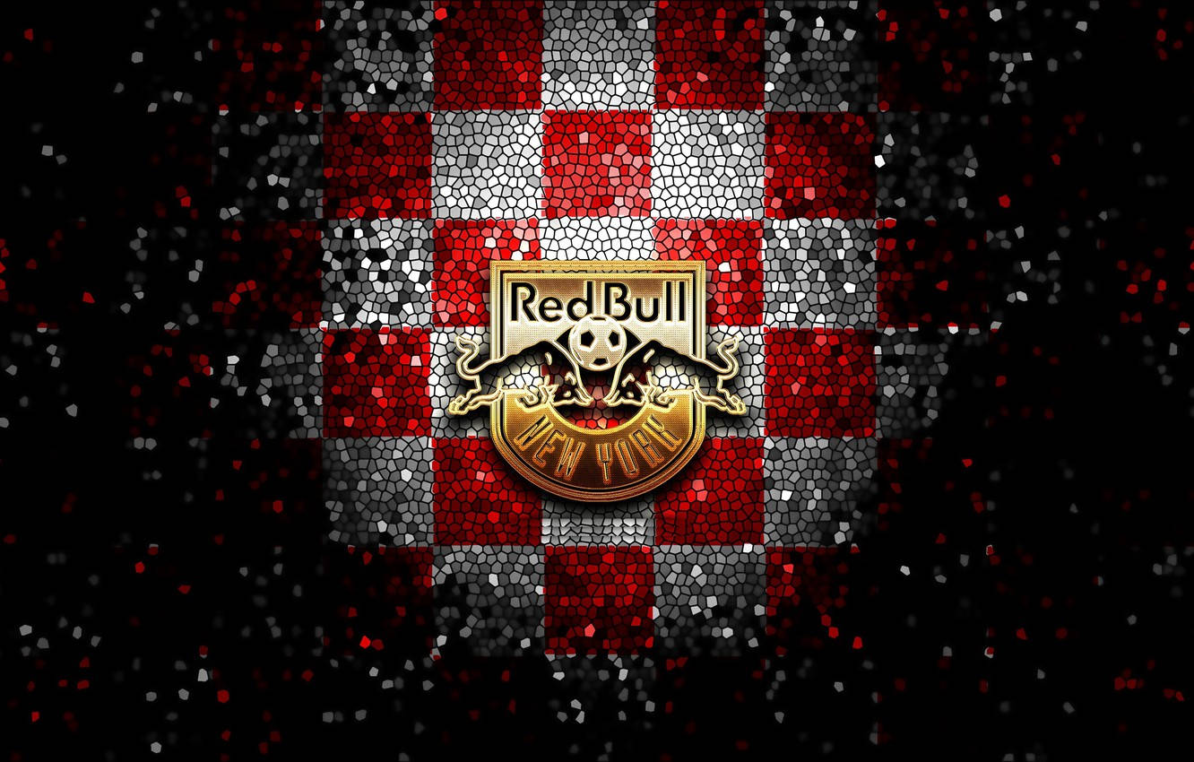 足球 桌布 壁紙 — Red Bull New York 標誌居中，背景為紅、白、黑格紋馬賽克圖案，帶有閃爍質感。